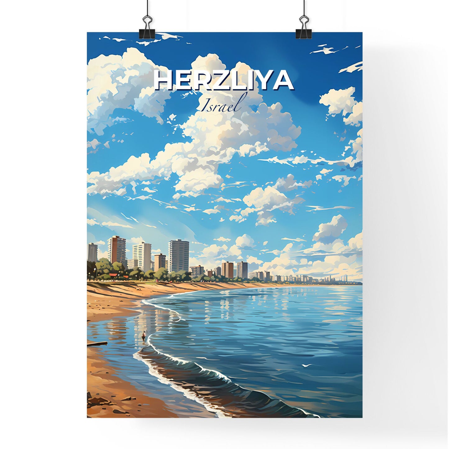 Herzliya Beach and City Panorama Cityscape Art Painting Israel Skyline Mediterranean Default Title