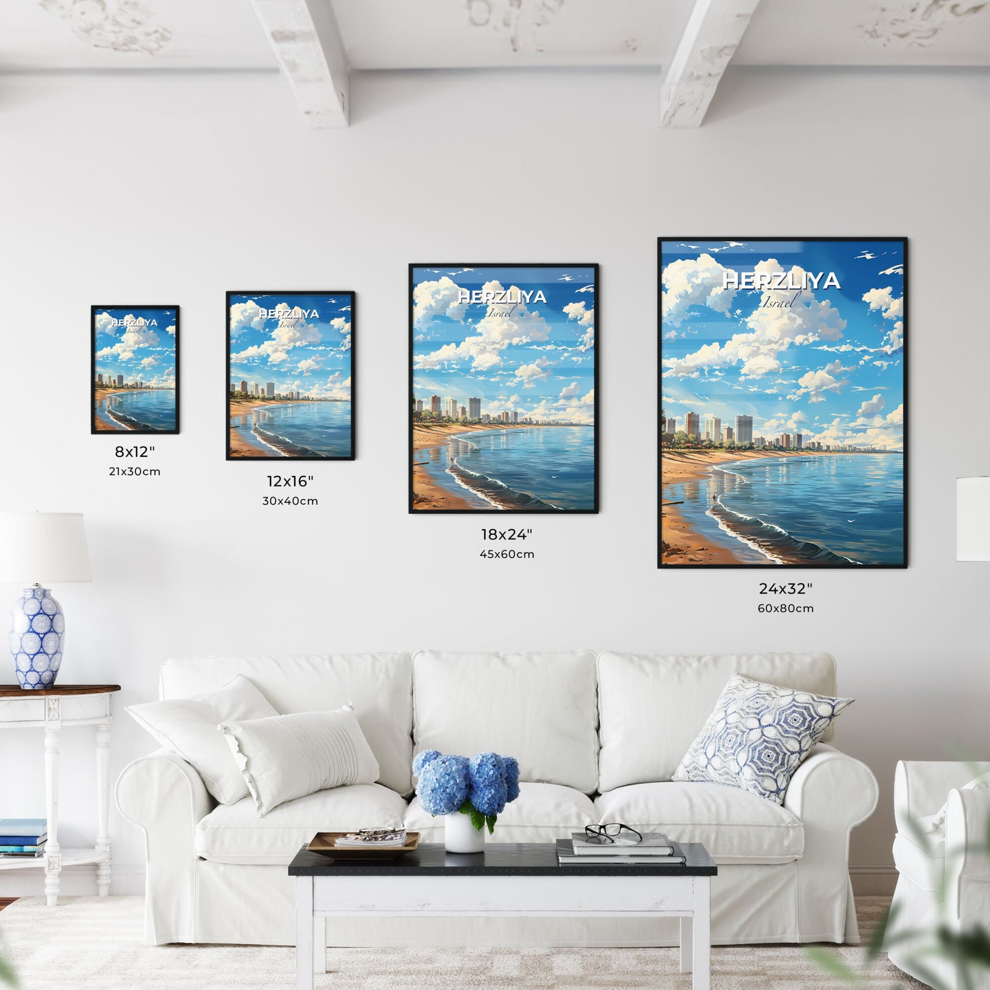 Herzliya Beach and City Panorama Cityscape Art Painting Israel Skyline Mediterranean Default Title