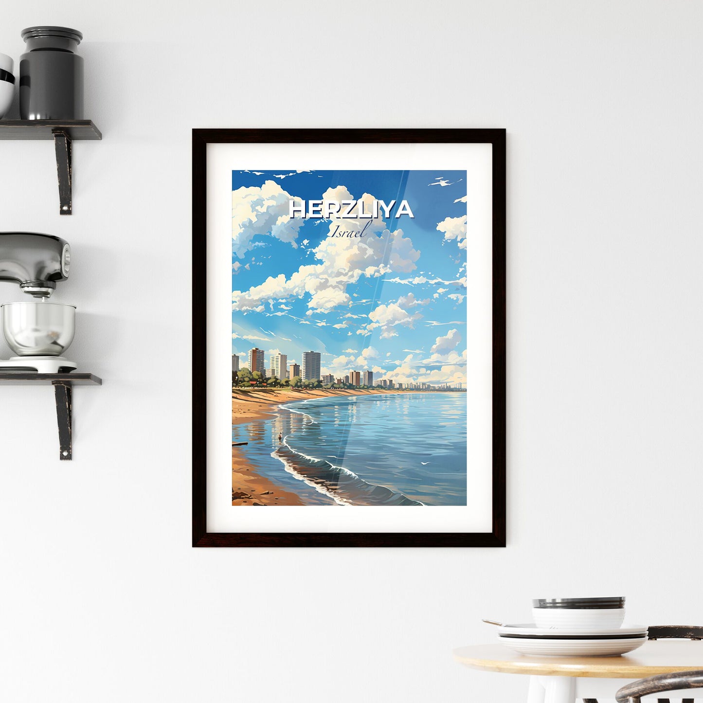 Herzliya Beach and City Panorama Cityscape Art Painting Israel Skyline Mediterranean Default Title