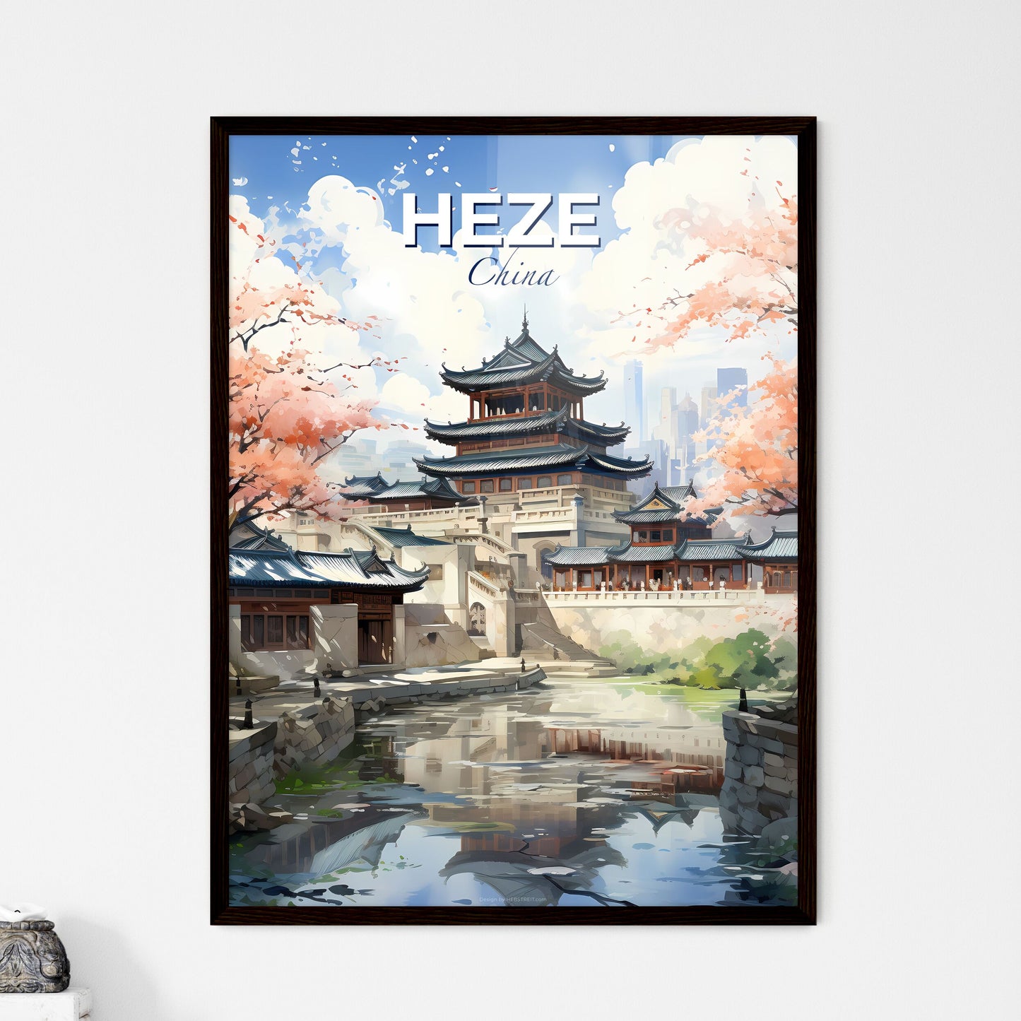 Heze China Cityscape Skyline - Colorful Painting of Riverside with Trees and Buildings in Background Default Title