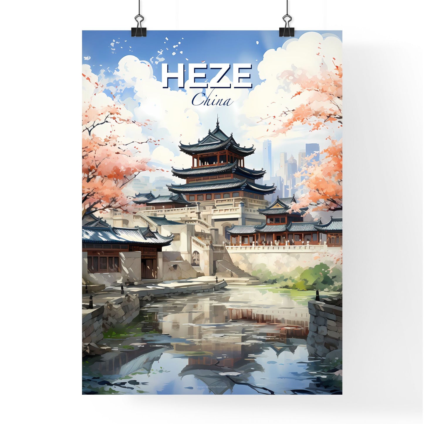 Heze China Cityscape Skyline - Colorful Painting of Riverside with Trees and Buildings in Background Default Title