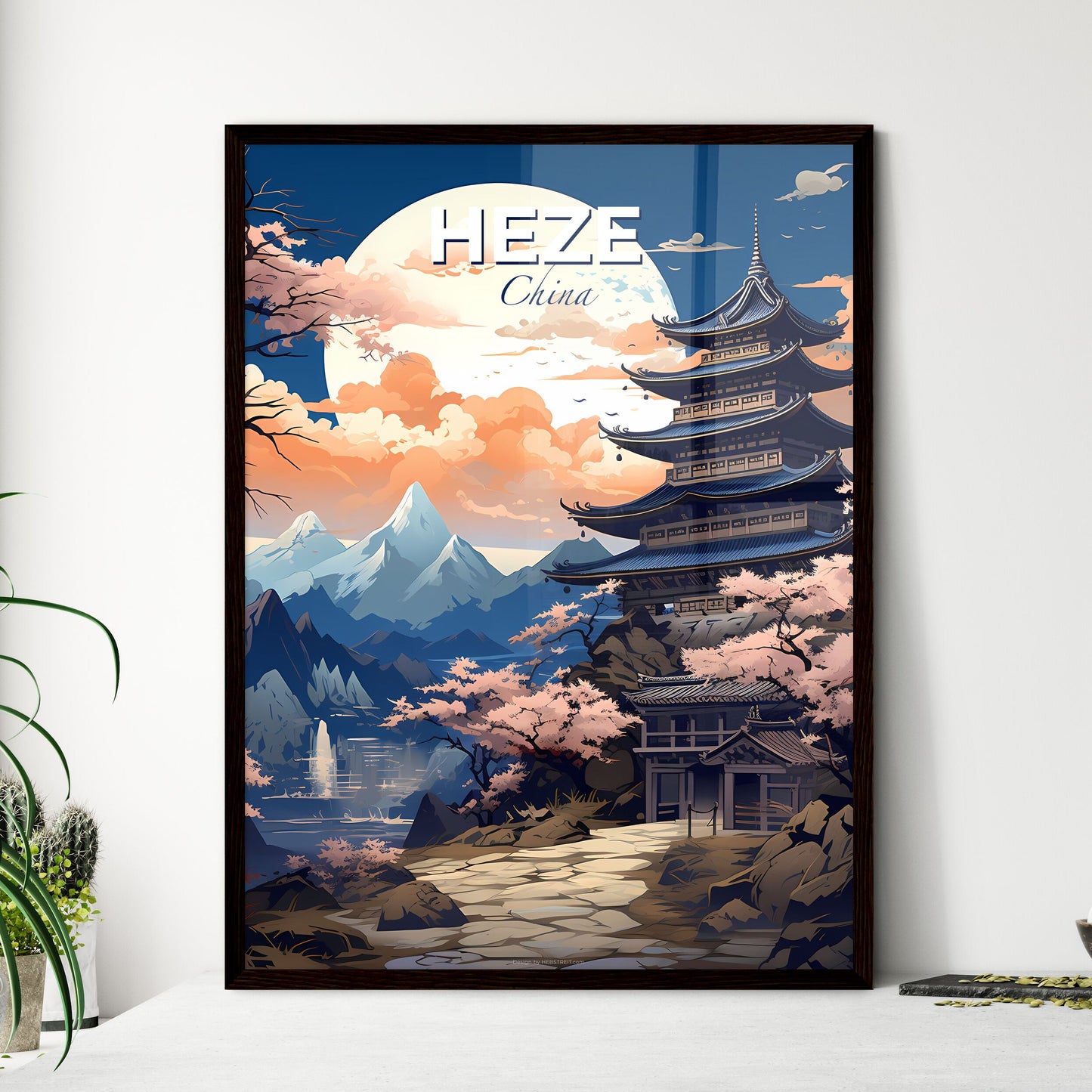 Pagoda and Mountains under Full Moon - Vibrant Artistic Heze China Skyline Painting Default Title