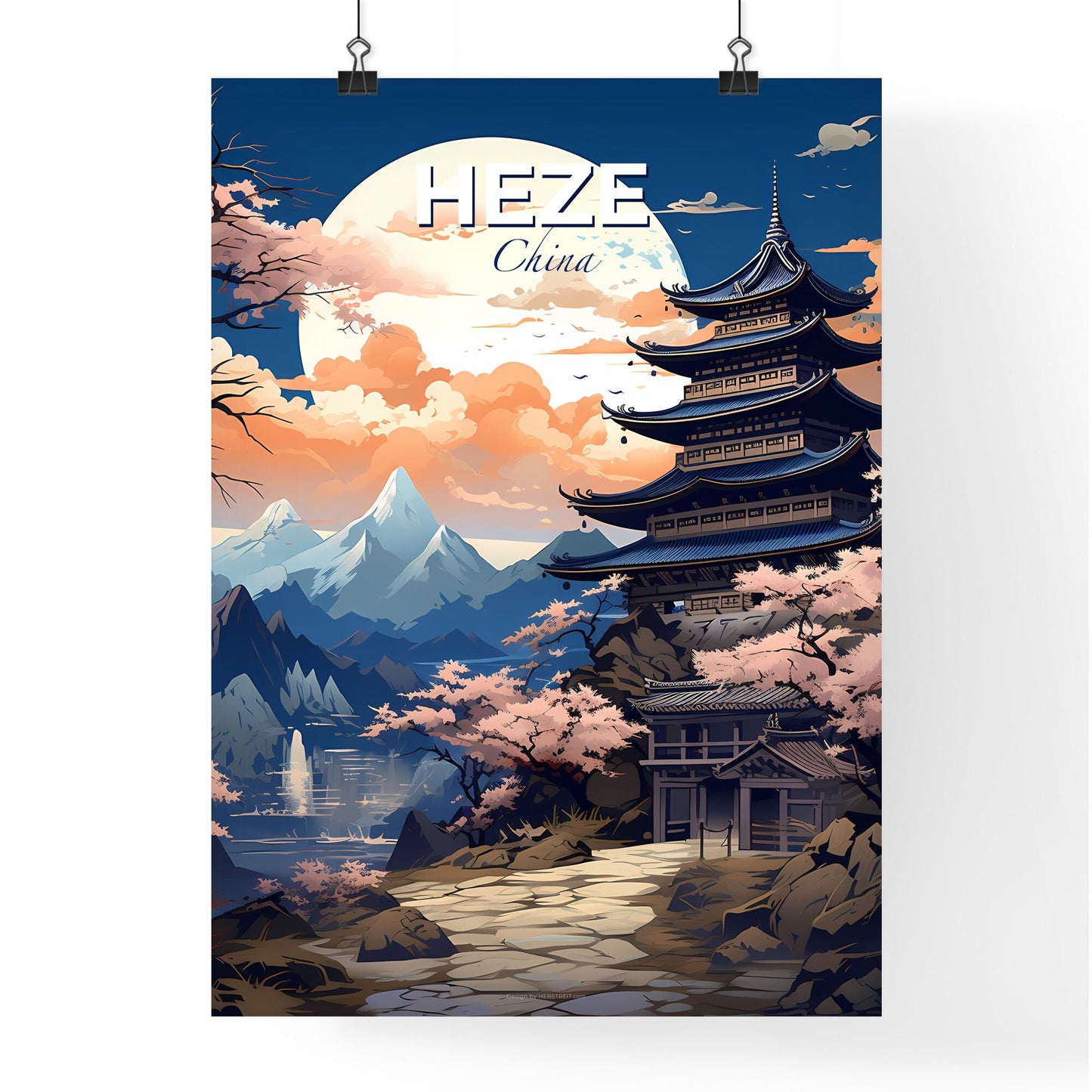 Pagoda and Mountains under Full Moon - Vibrant Artistic Heze China Skyline Painting Default Title