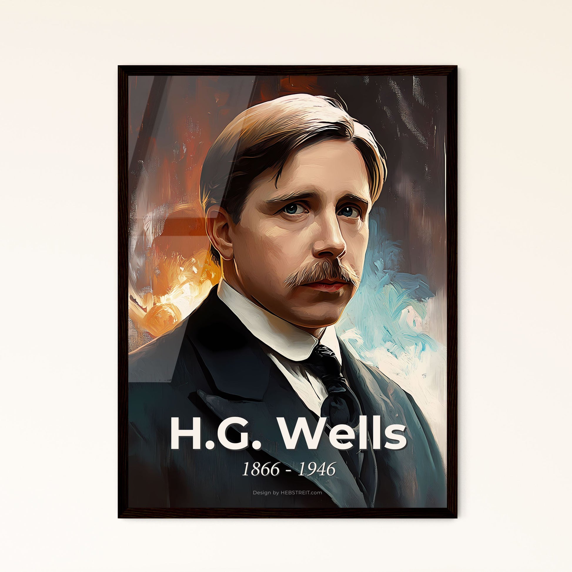 Portrait of H.G. Wells, 1866 - 1946. Impressionistic painting of a man with mustache wearing a suit and tie.