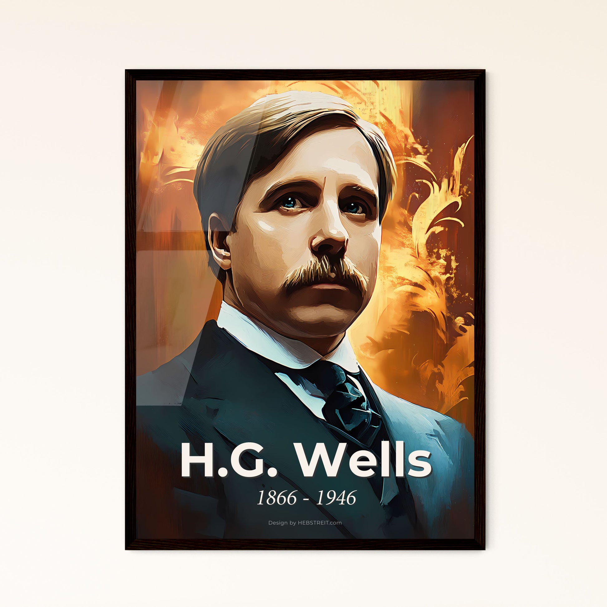 Portrait of H.G. Wells, 1866 - 1946. Impressionistic painting of a man with a mustache and a suit.