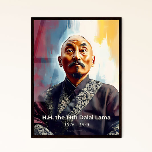 Portrait of H.H. the 13th Dalai Lama, 1876 - 1933. Impressionistic painting of a man in a robe.