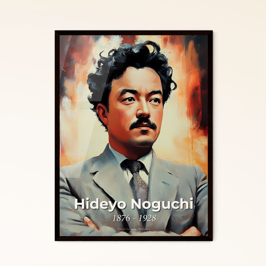 Portrait of Hideyo Noguchi, 1876 - 1928. Impressionistic painting of a man with curly hair and mustache wearing a suit and tie.