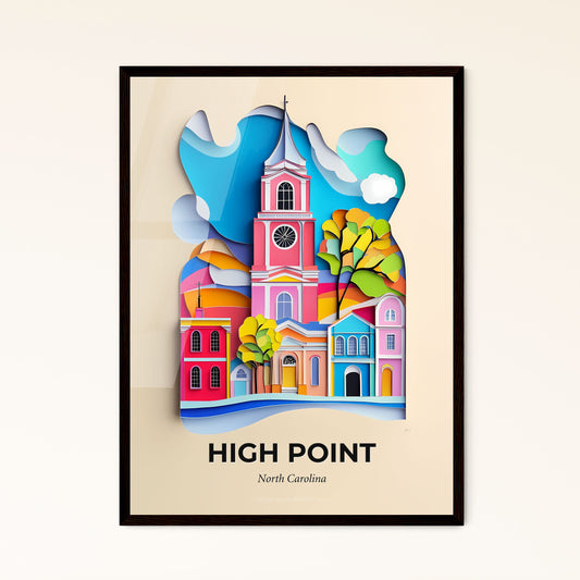 Vivid High Point, North Carolina - a paper cut of a church with a clock tower