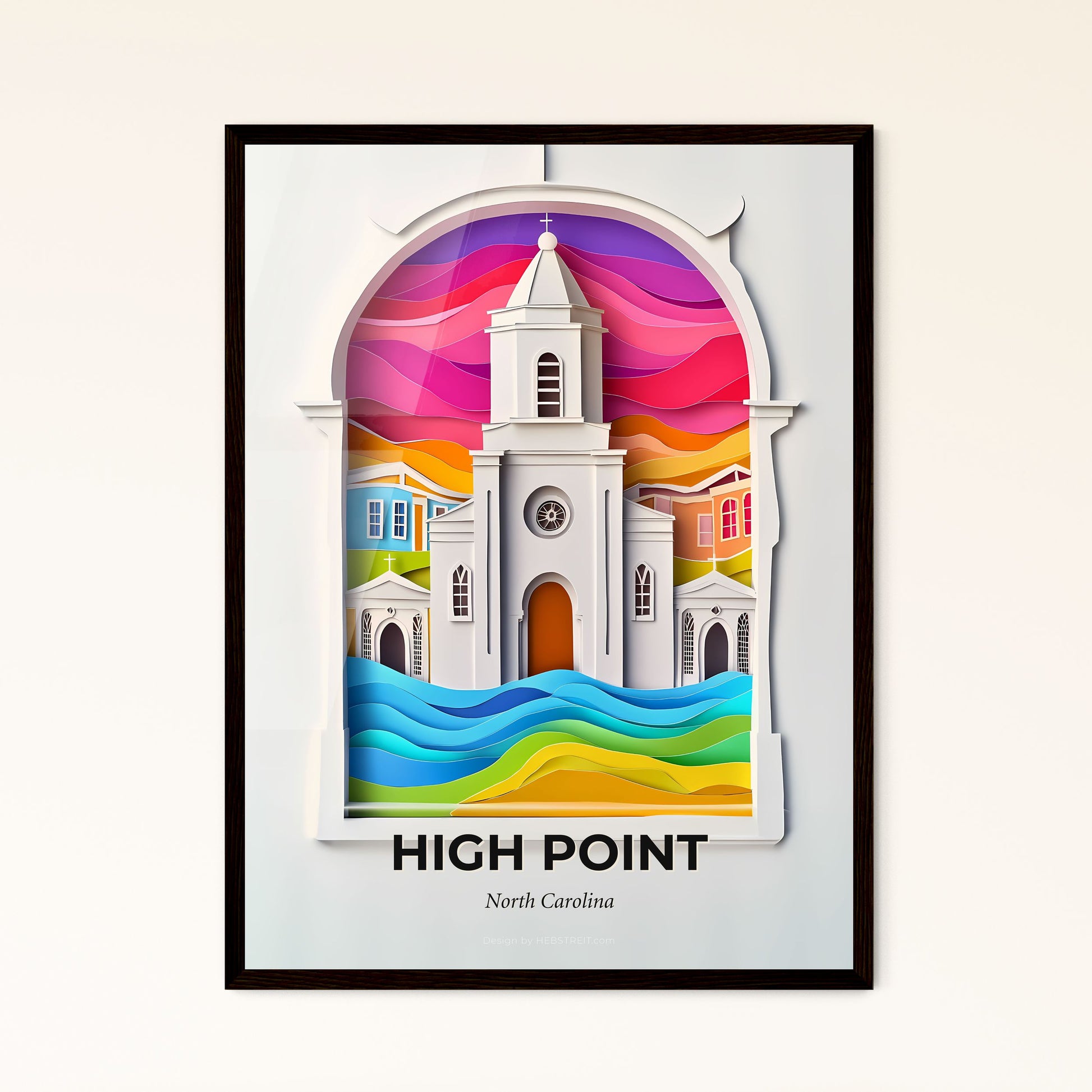 Vivid High Point, North Carolina - a paper cut of a church with a clock