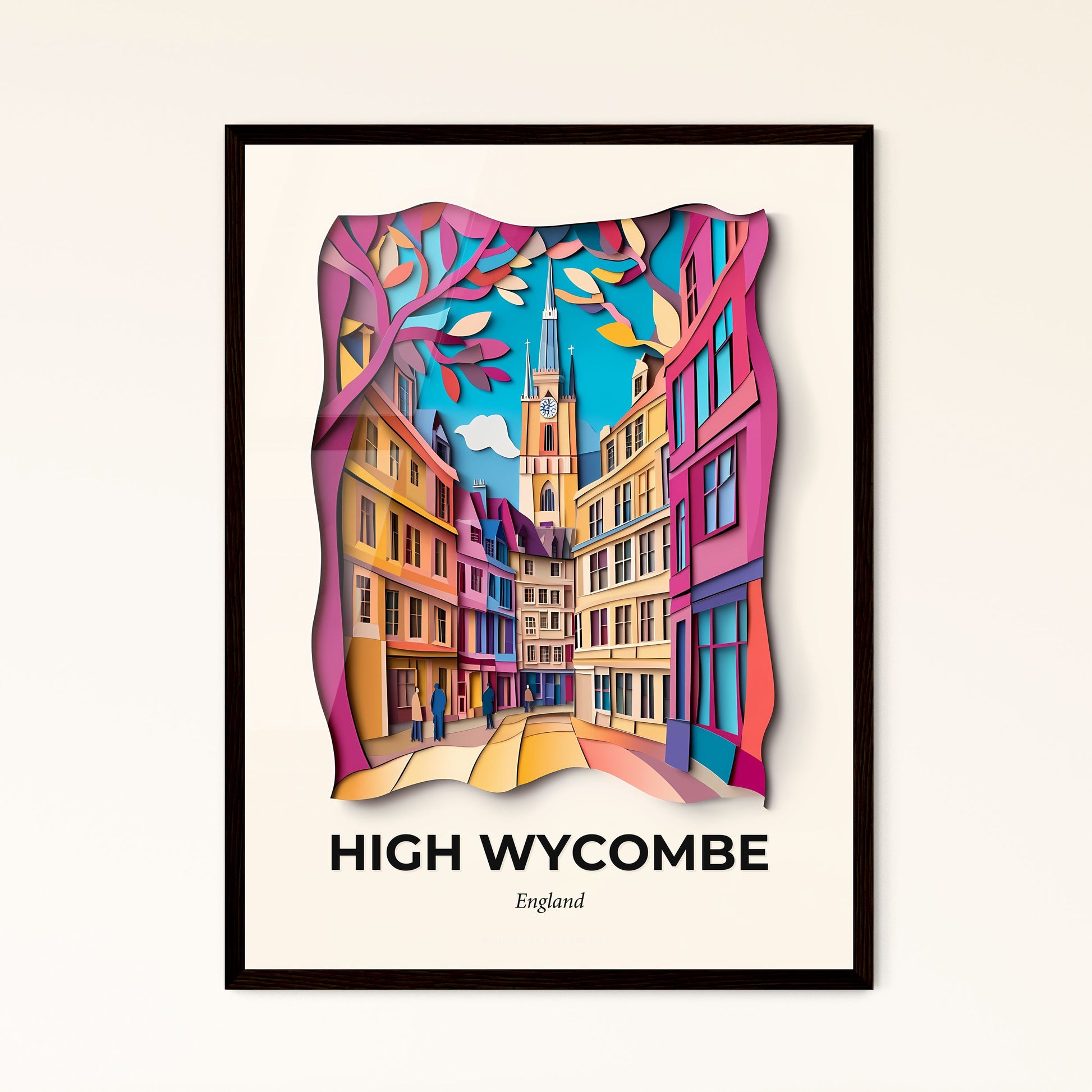 Vivid High Wycombe, England - a colorful city street with a clock tower