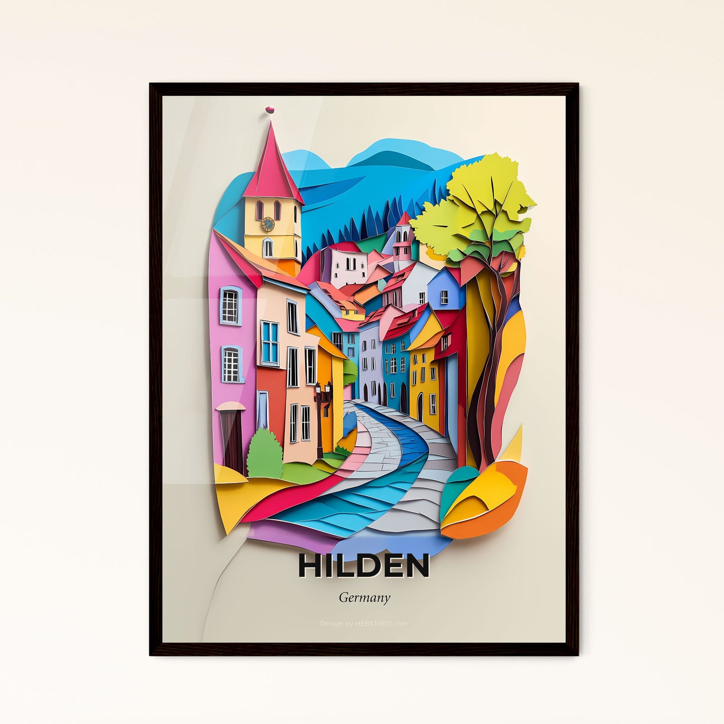 Vivid Hilden, Germany - a colorful city scene with a tree and a church