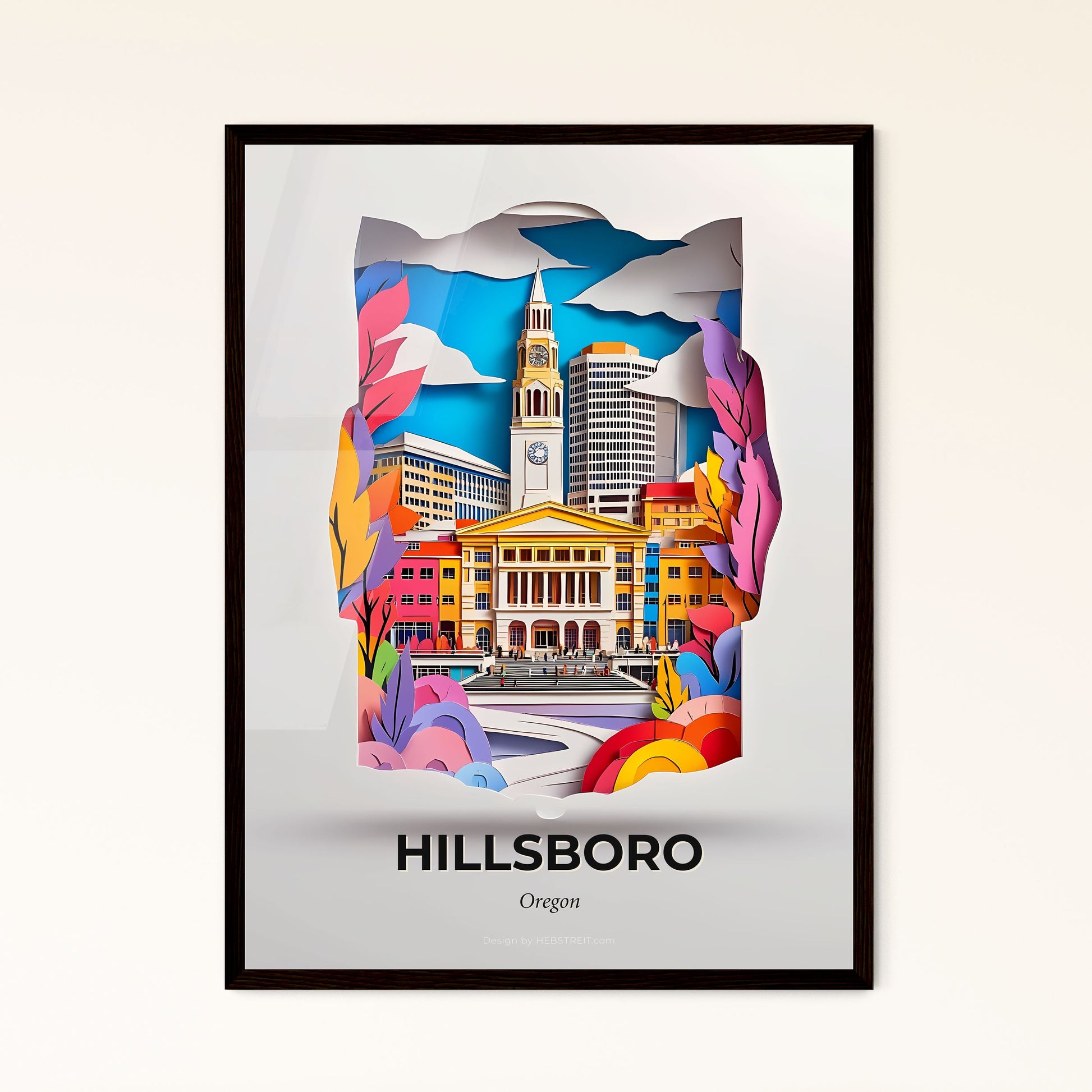 Vivid Hillsboro, Oregon - a paper cut of a city with a clock tower