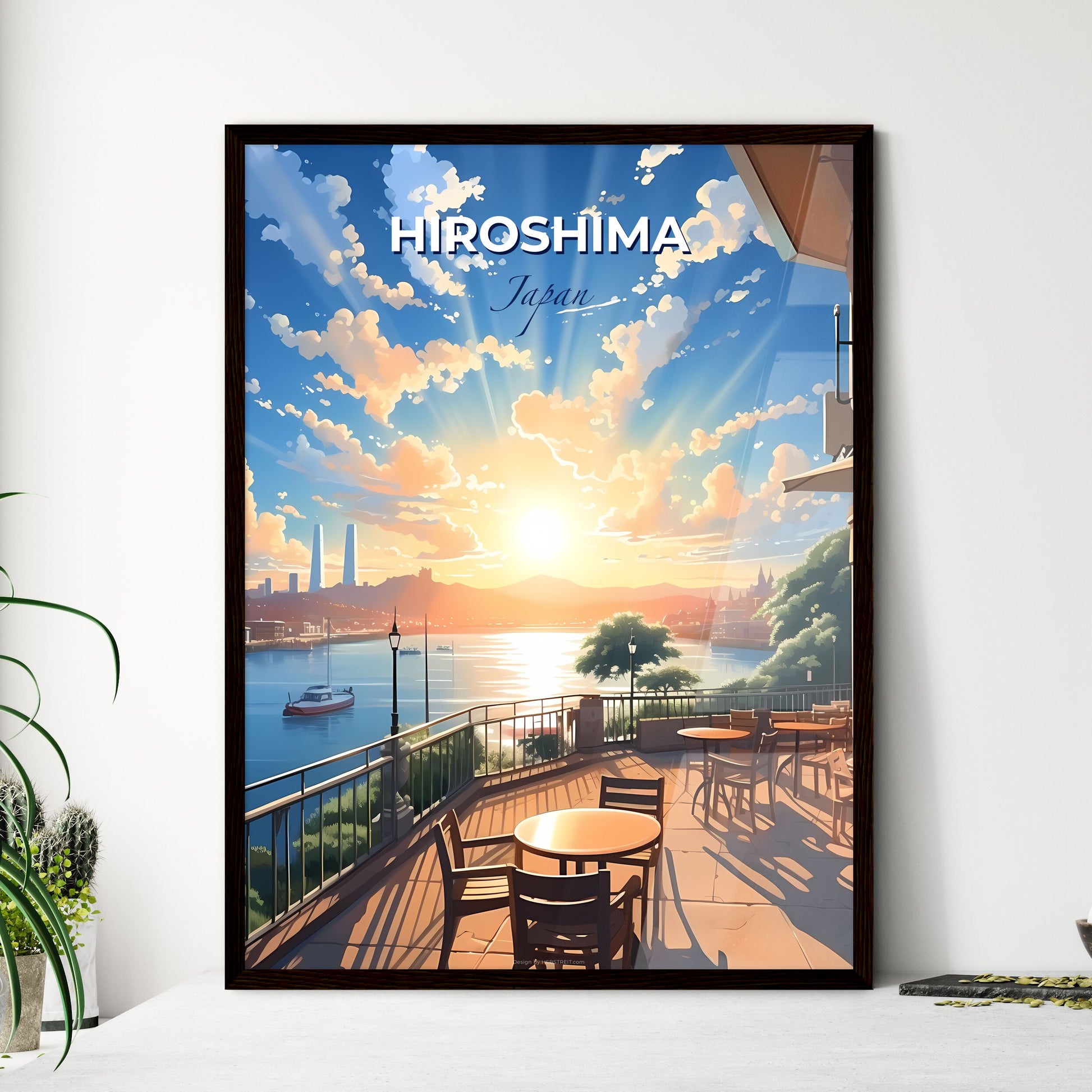 Hiroshima Japan Skyline Colorful Art Deck Chairs Canvas Oil Painting Waterfront Restaurant Default Title