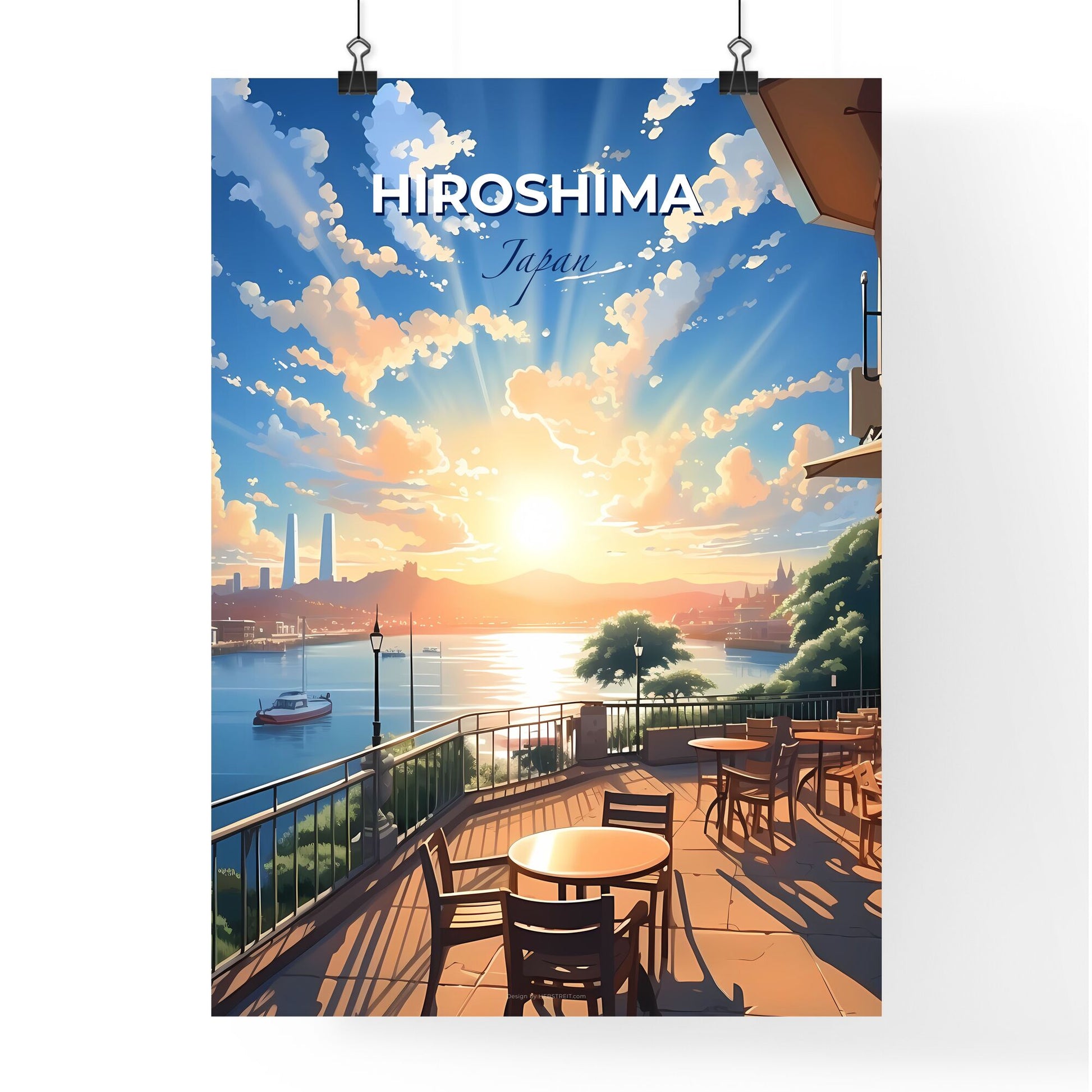 Hiroshima Japan Skyline Colorful Art Deck Chairs Canvas Oil Painting Waterfront Restaurant Default Title