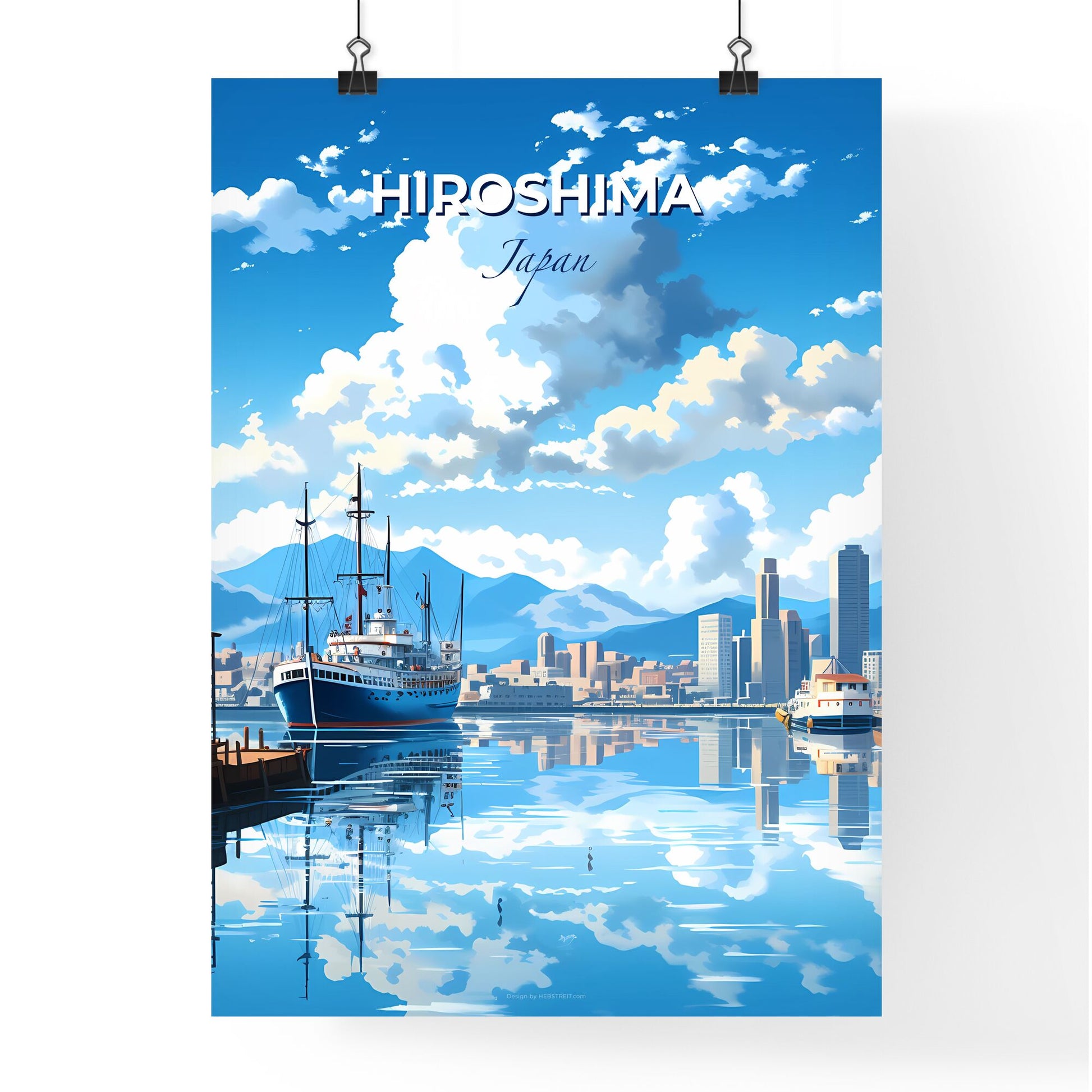 Hiroshima Japan Harbor Skyline - Vivid Artistic Painting of a Ship in a Tranquil Water Default Title