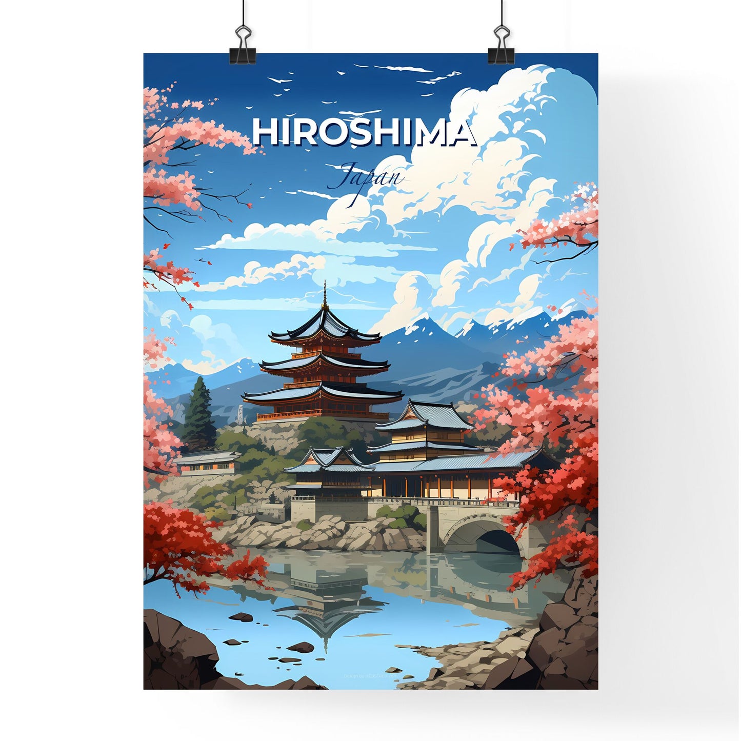 Hiroshima Skyline Painting: Pagoda Building, Flowery Bridge, Japanese Artwork Default Title