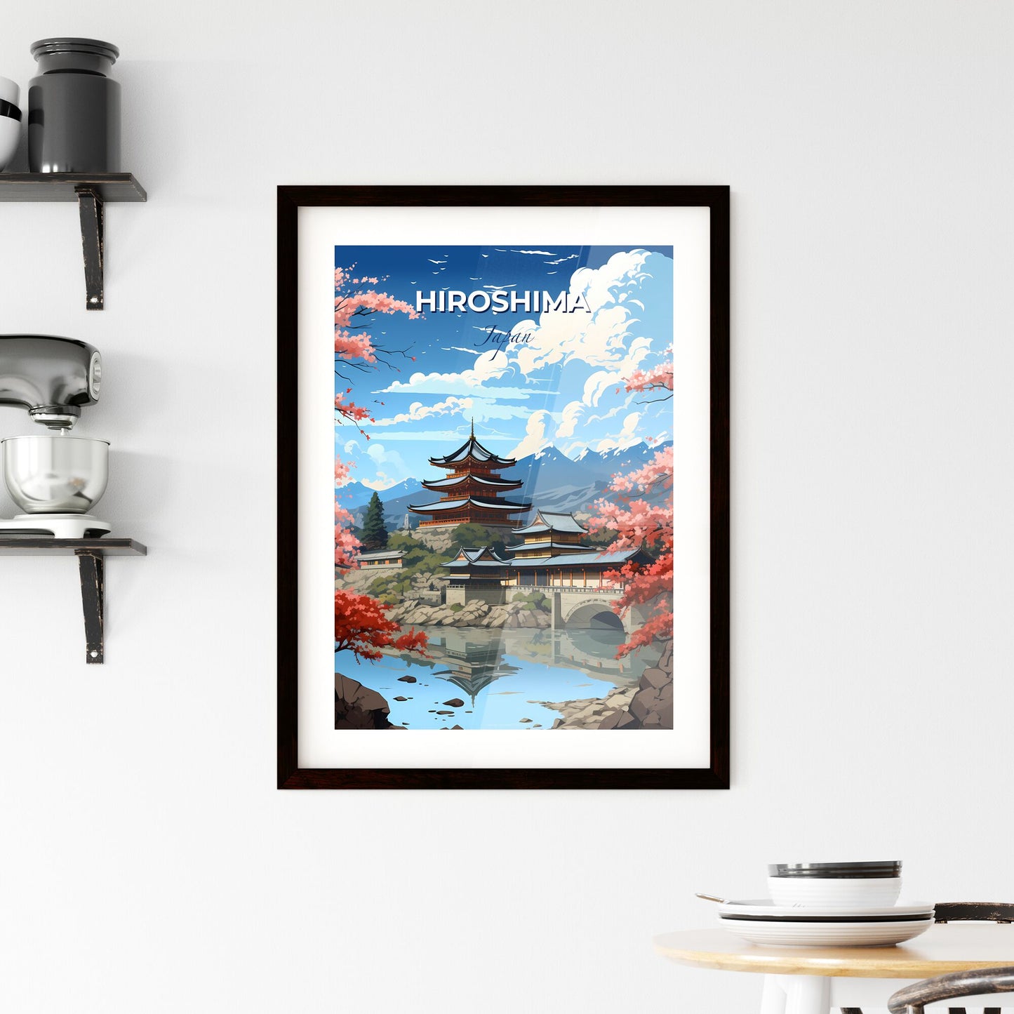 Hiroshima Skyline Painting: Pagoda Building, Flowery Bridge, Japanese Artwork Default Title