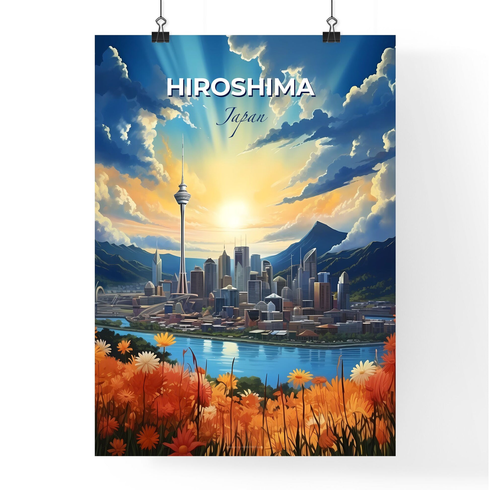 Hiroshima Skyline Japan City River Mountains Art Painting Vibrant Colorful Scenery Landscape Default Title