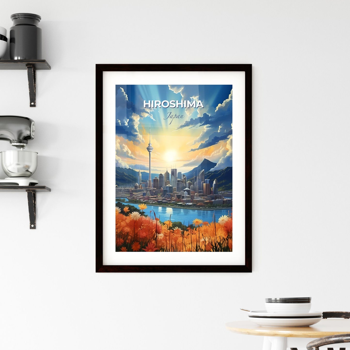 Hiroshima Skyline Japan City River Mountains Art Painting Vibrant Colorful Scenery Landscape Default Title