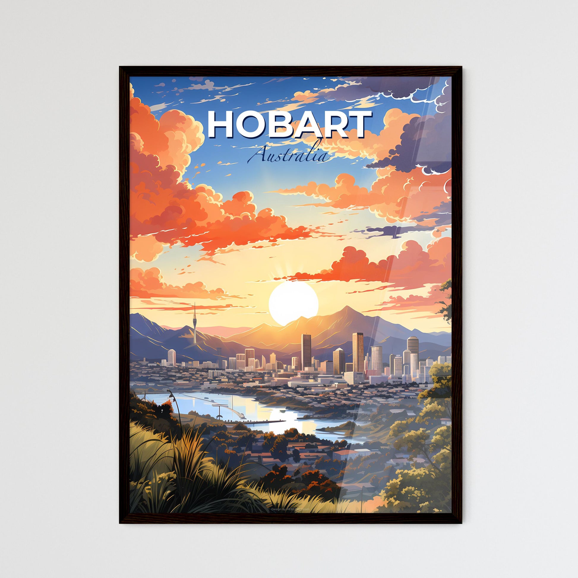 Hobart Australia Skyline Vibrant Painting City Landscape Mountains Trees Canvas Art Print Default Title