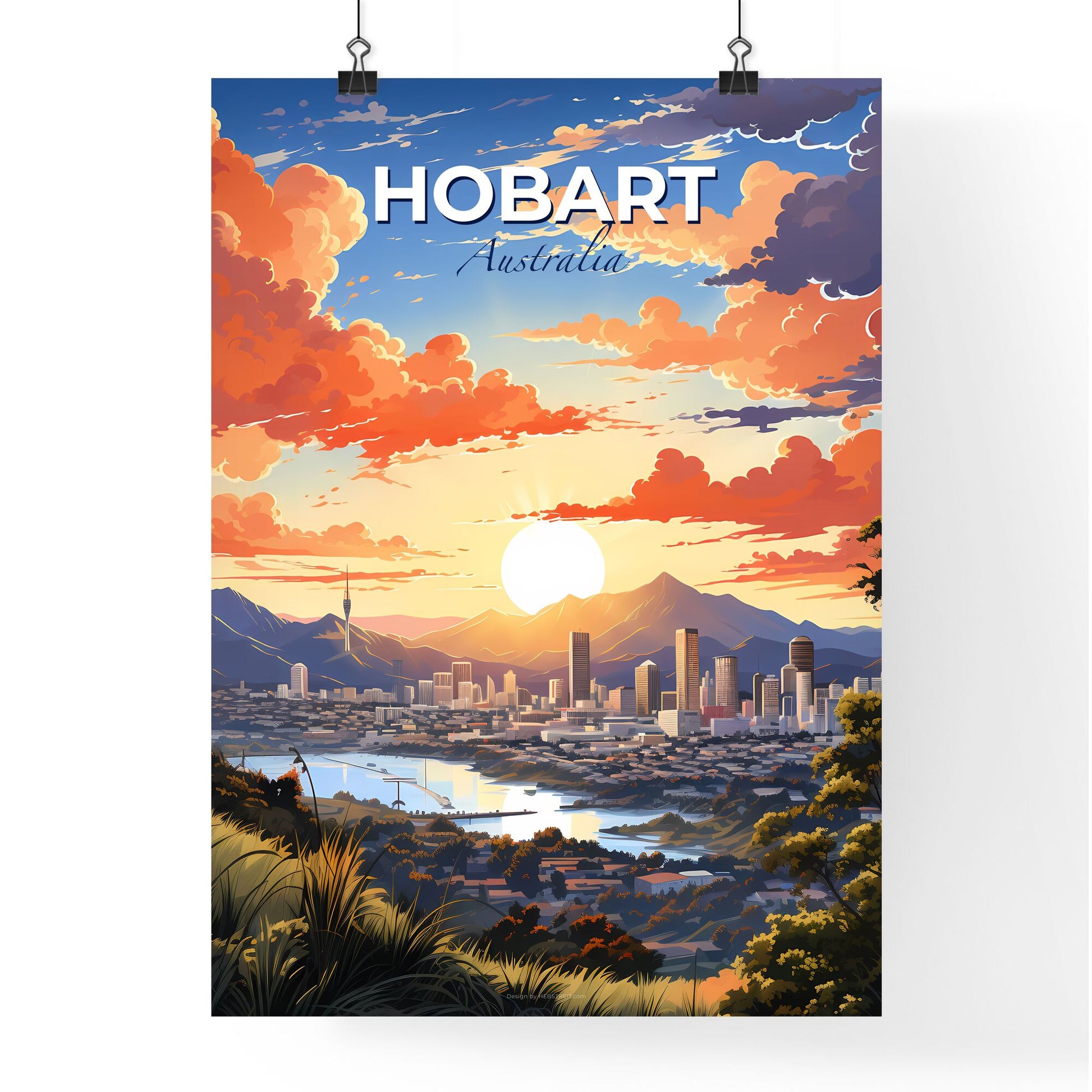 Hobart Australia Skyline Vibrant Painting City Landscape Mountains Trees Canvas Art Print Default Title