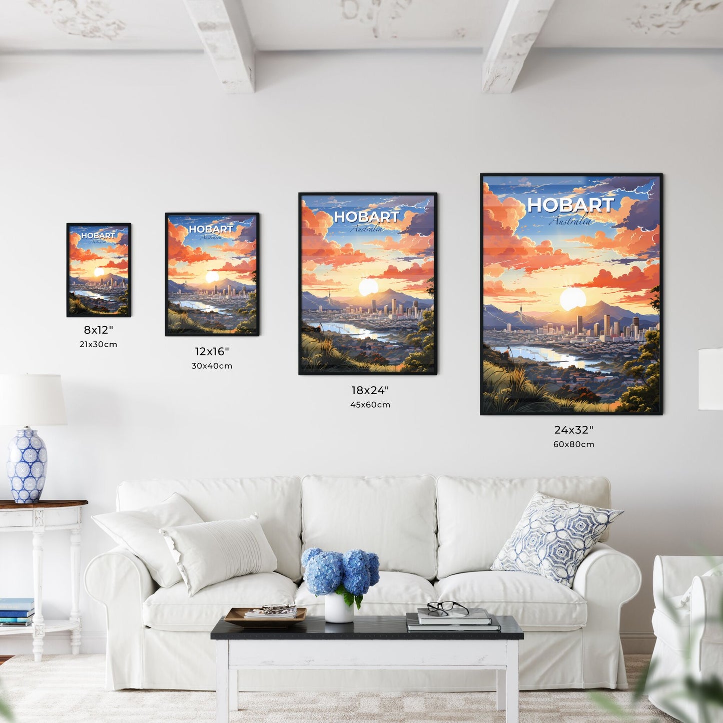 Hobart Australia Skyline Vibrant Painting City Landscape Mountains Trees Canvas Art Print Default Title