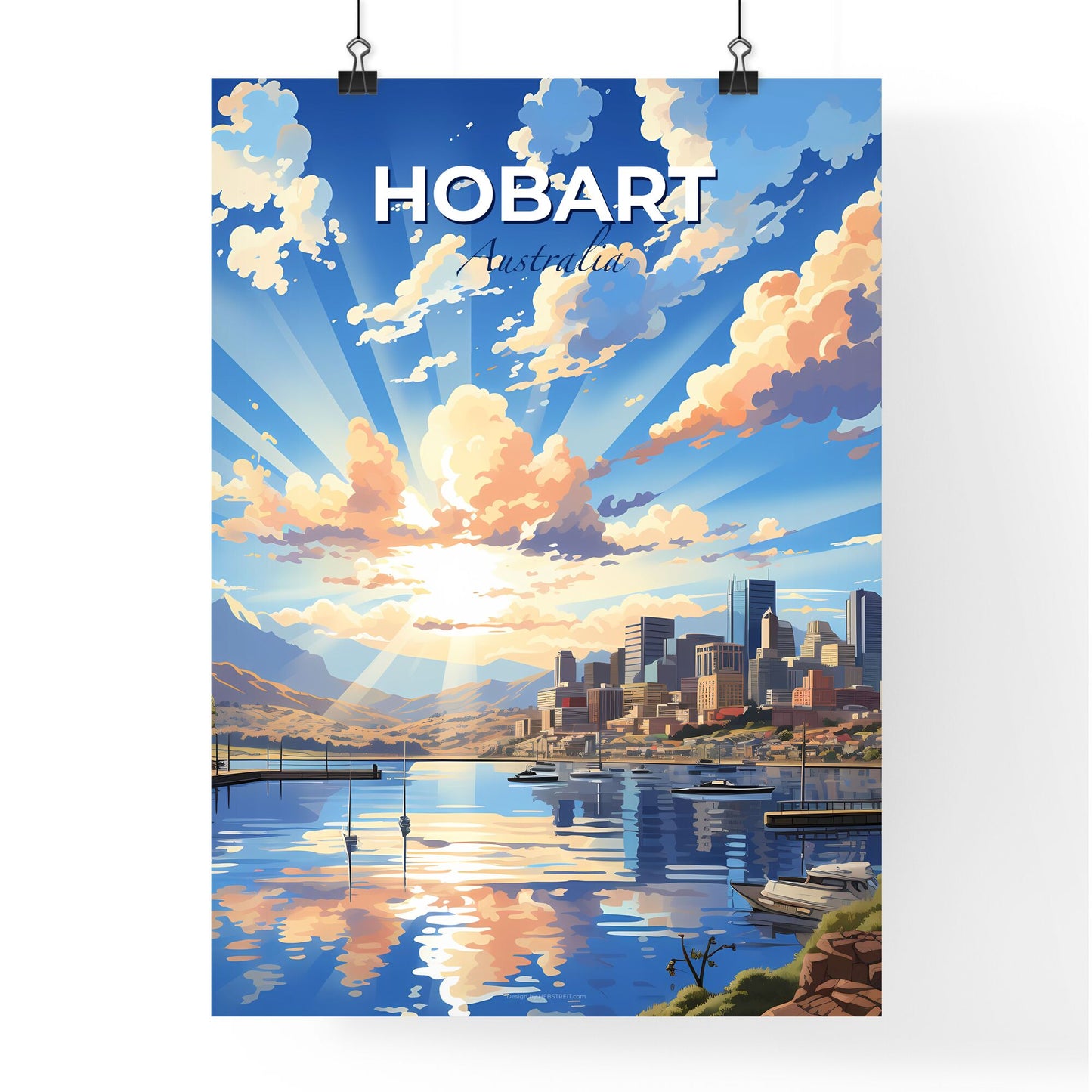 Vibrant Artistic Cityscape with Boats - Hobart Australia Skyline Painting Default Title