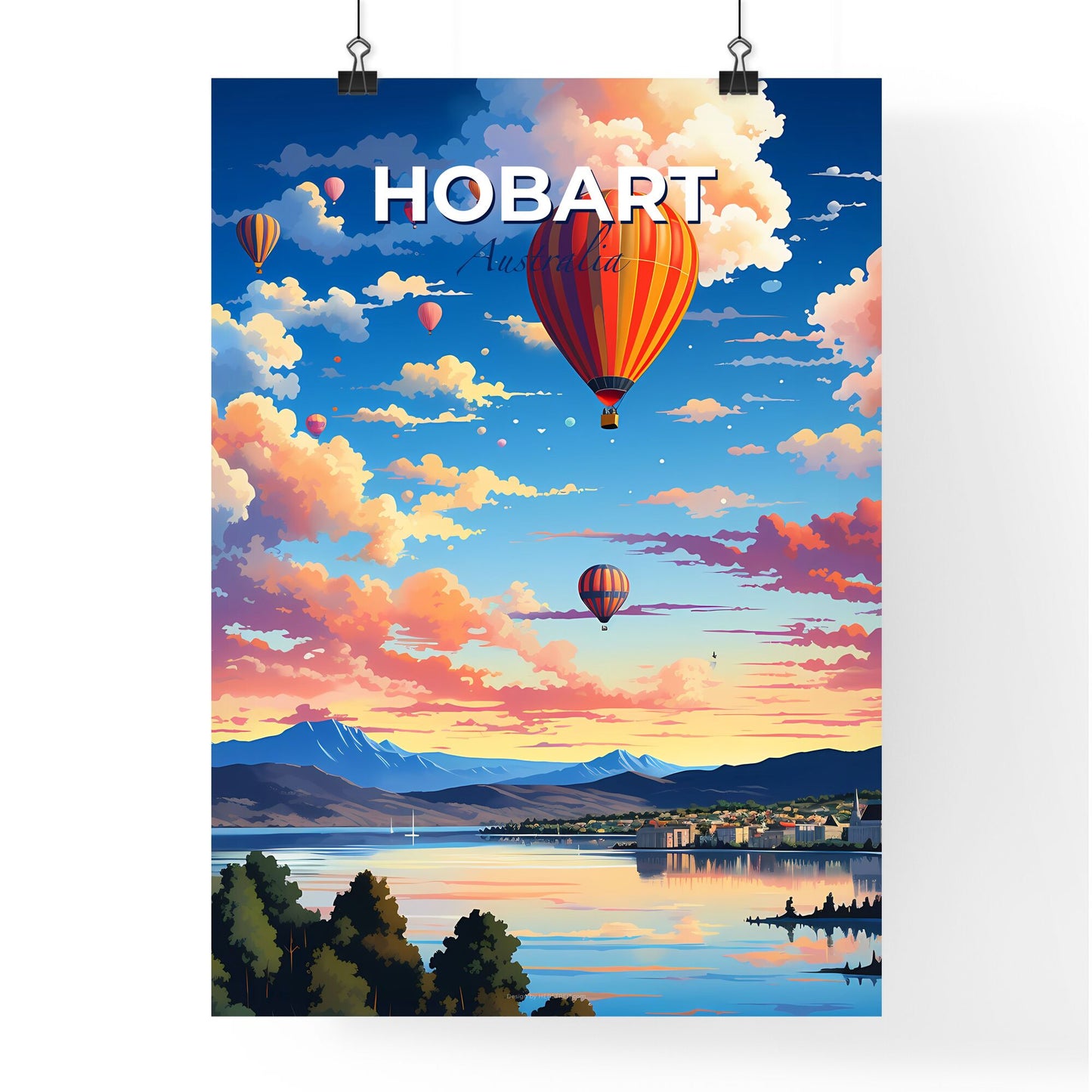 Hobart Skyline Art Depiction: Colorful Hot Air Balloons Soaring Over the City Default Title