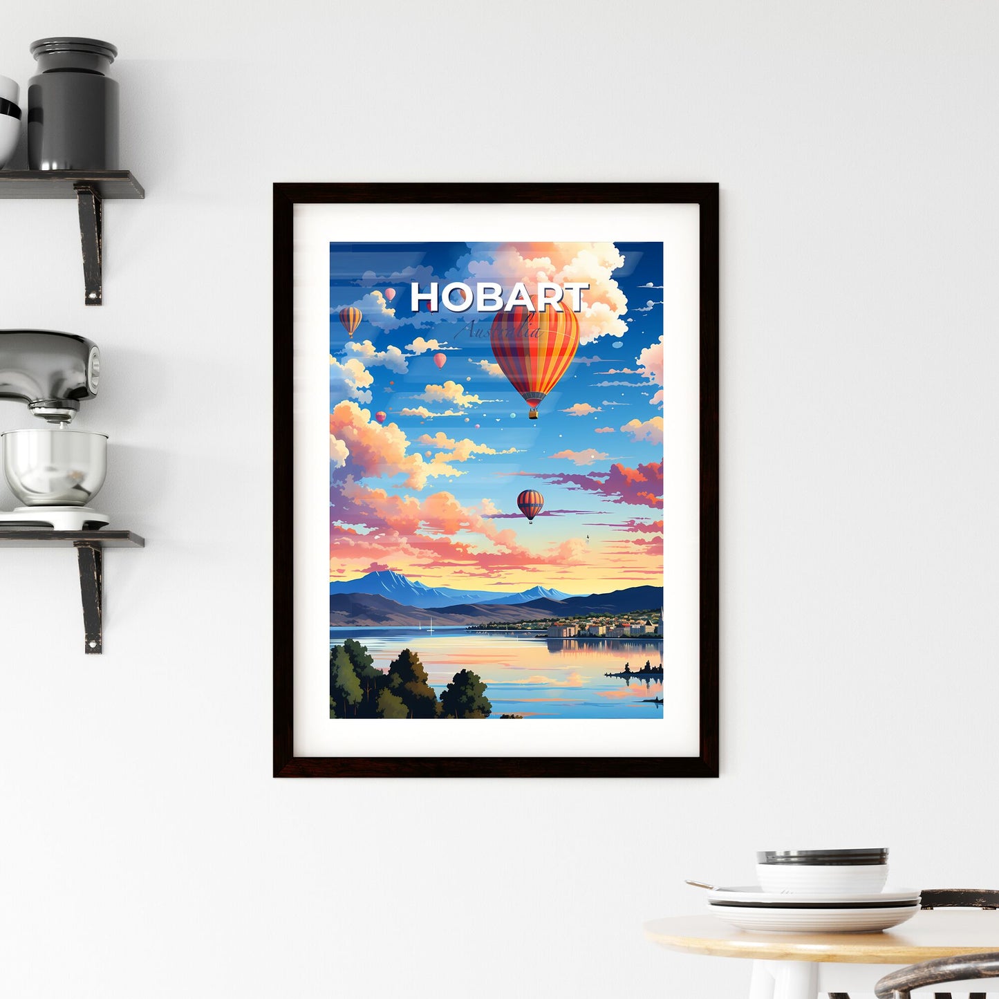 Hobart Skyline Art Depiction: Colorful Hot Air Balloons Soaring Over the City Default Title