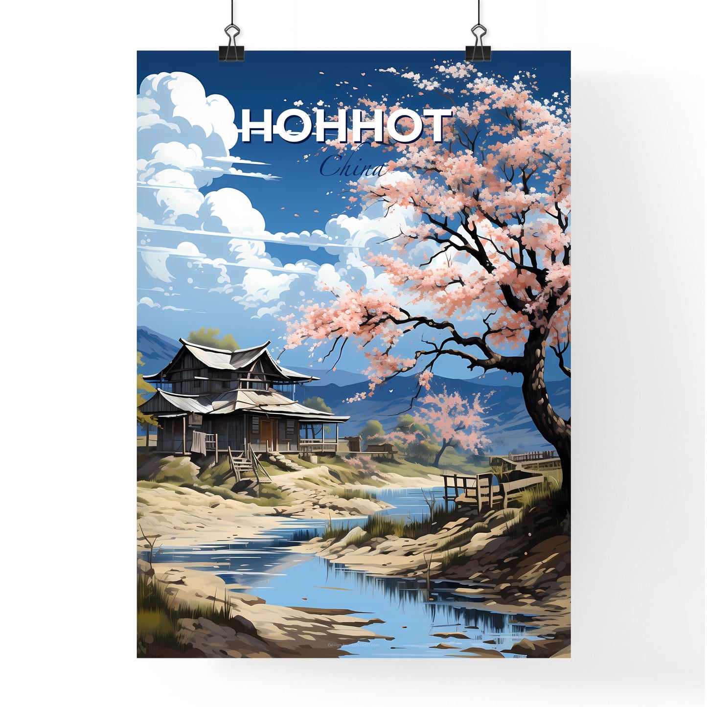 Vibrant Hohhot China Skyline Art Painting with House by River Default Title