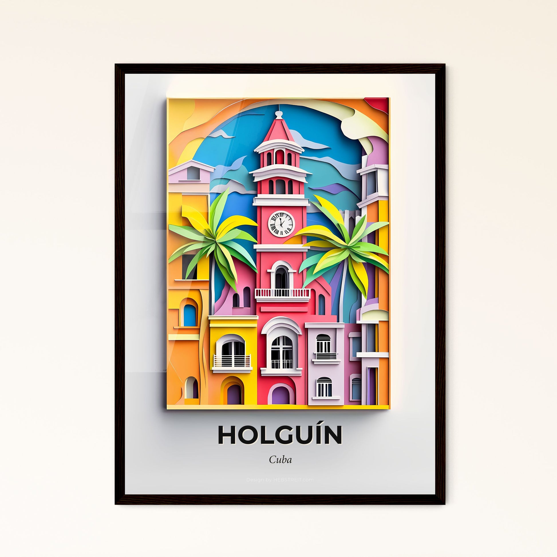 Vivid Holguín, Cuba - a colorful building with a clock tower and palm trees