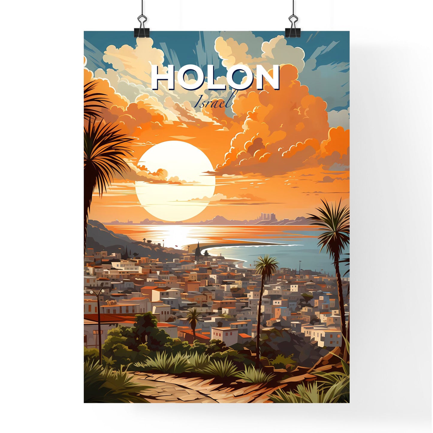 Vibrant Sunset Cityscape Painting: Holon Skyline Art Default Title