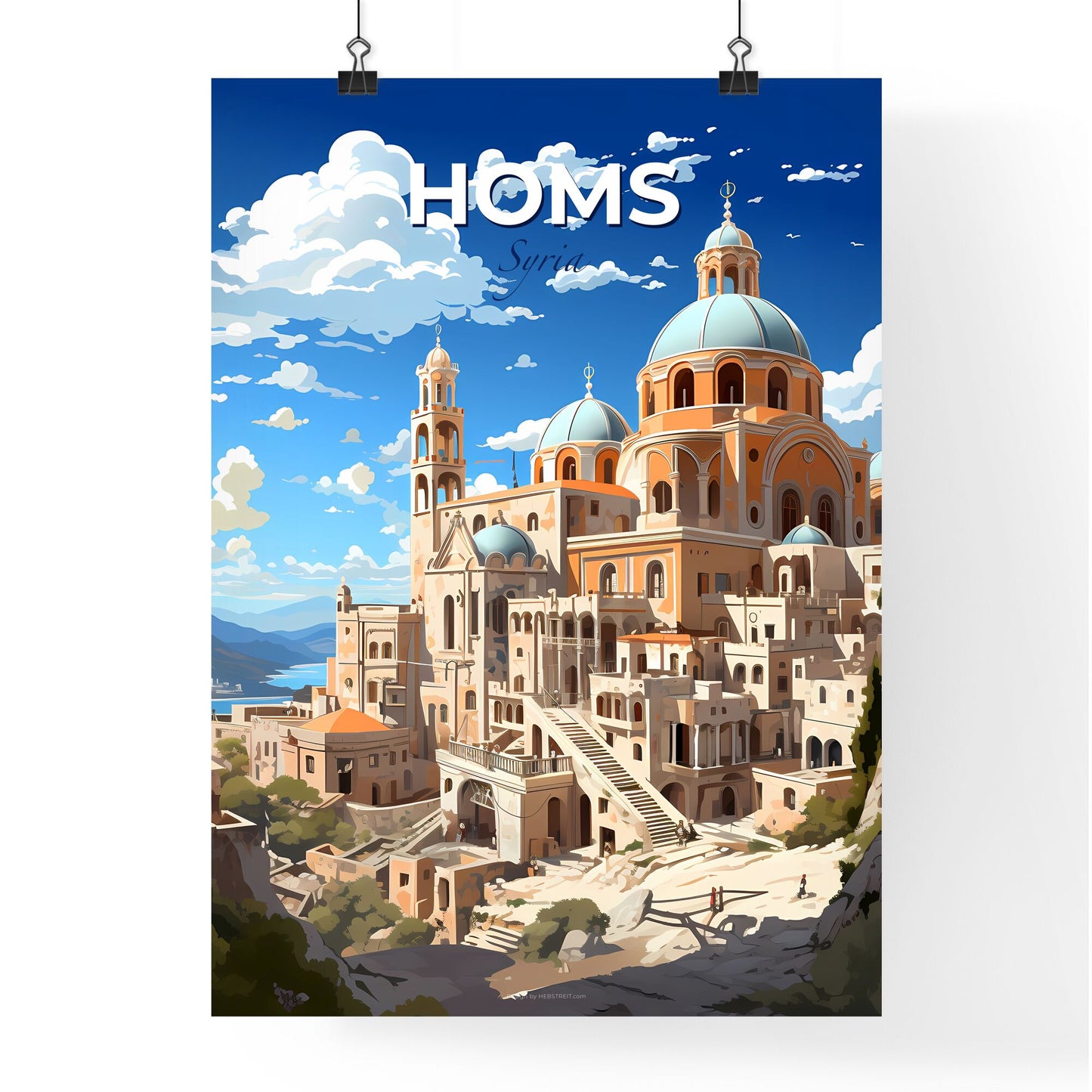 Homs Syria City Painting Blue Domes Skyline Building Middle East Art Vibrant Default Title