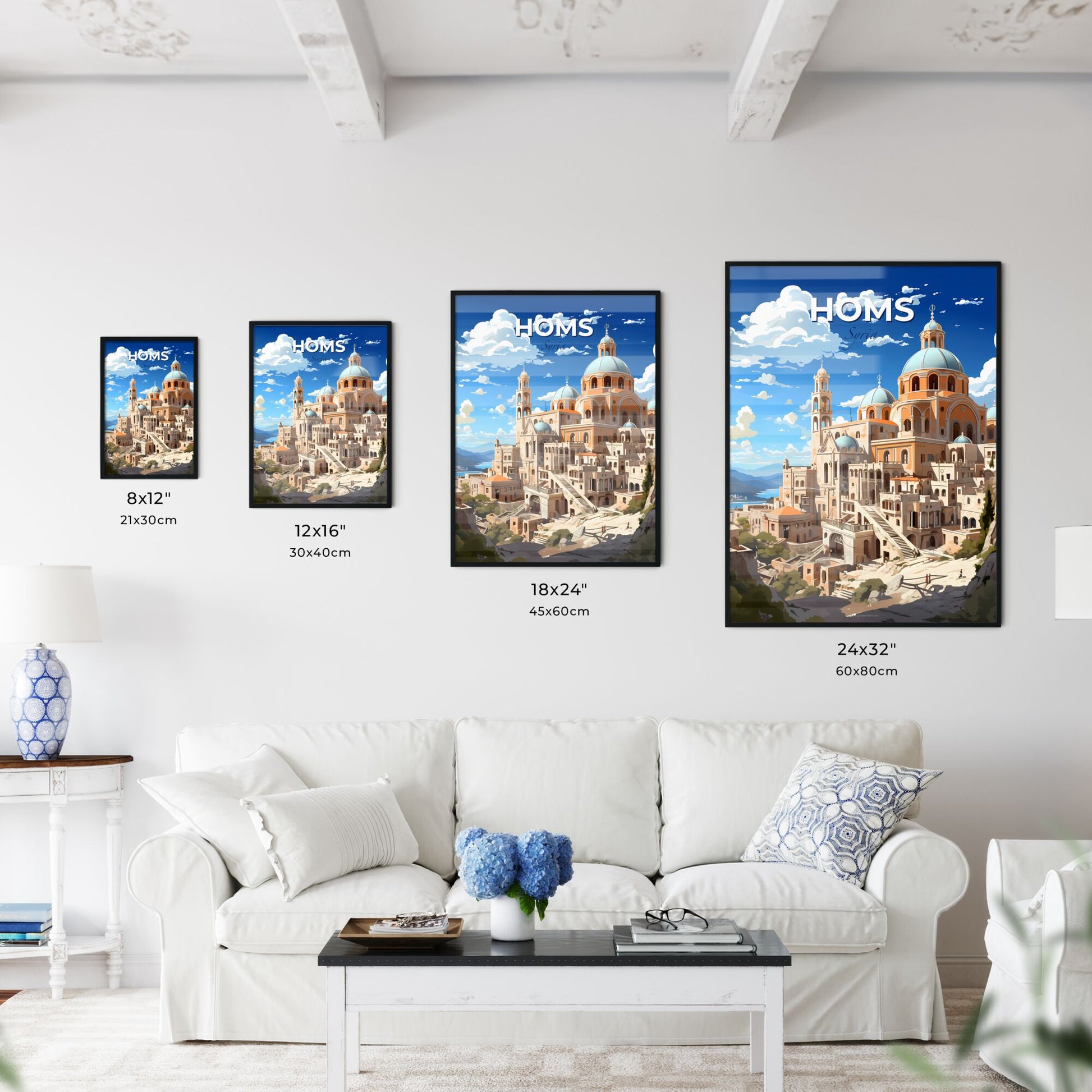 Homs Syria City Painting Blue Domes Skyline Building Middle East Art Vibrant Default Title