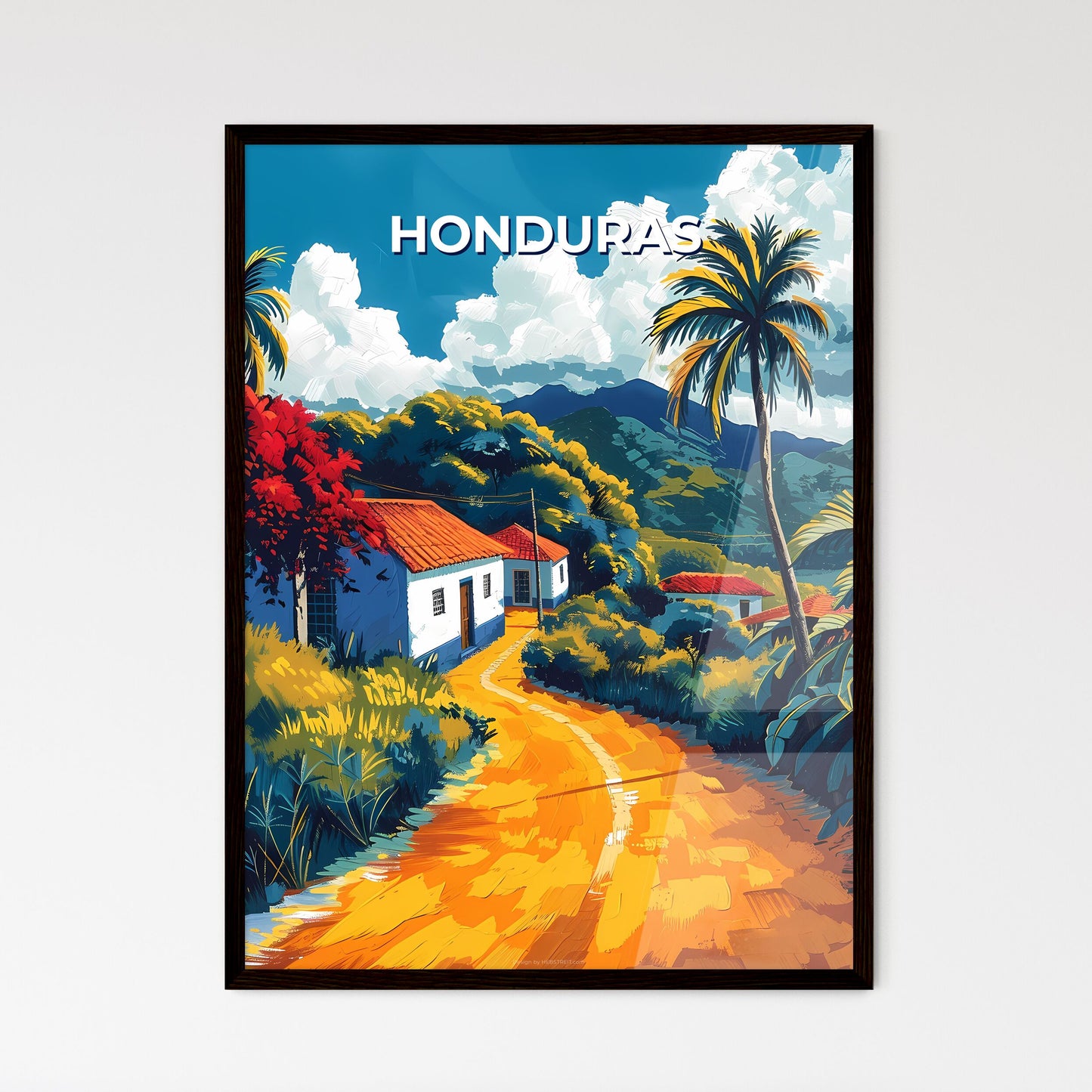 Vibrant Painting of a Road Leading to a House in Honduras, North America Framed Art