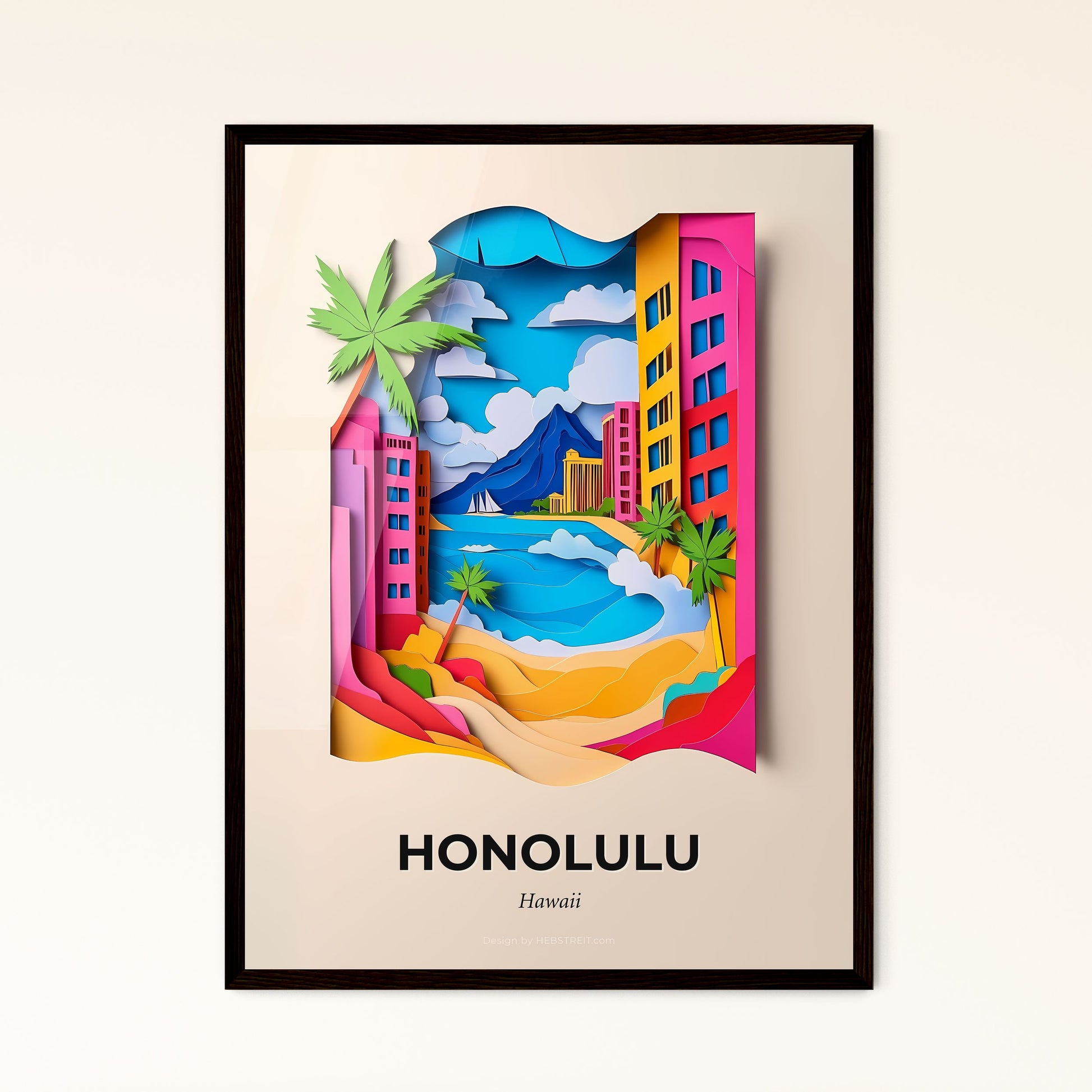 Vivid Honolulu, Hawaii - a paper cut of a city with a beach and palm trees