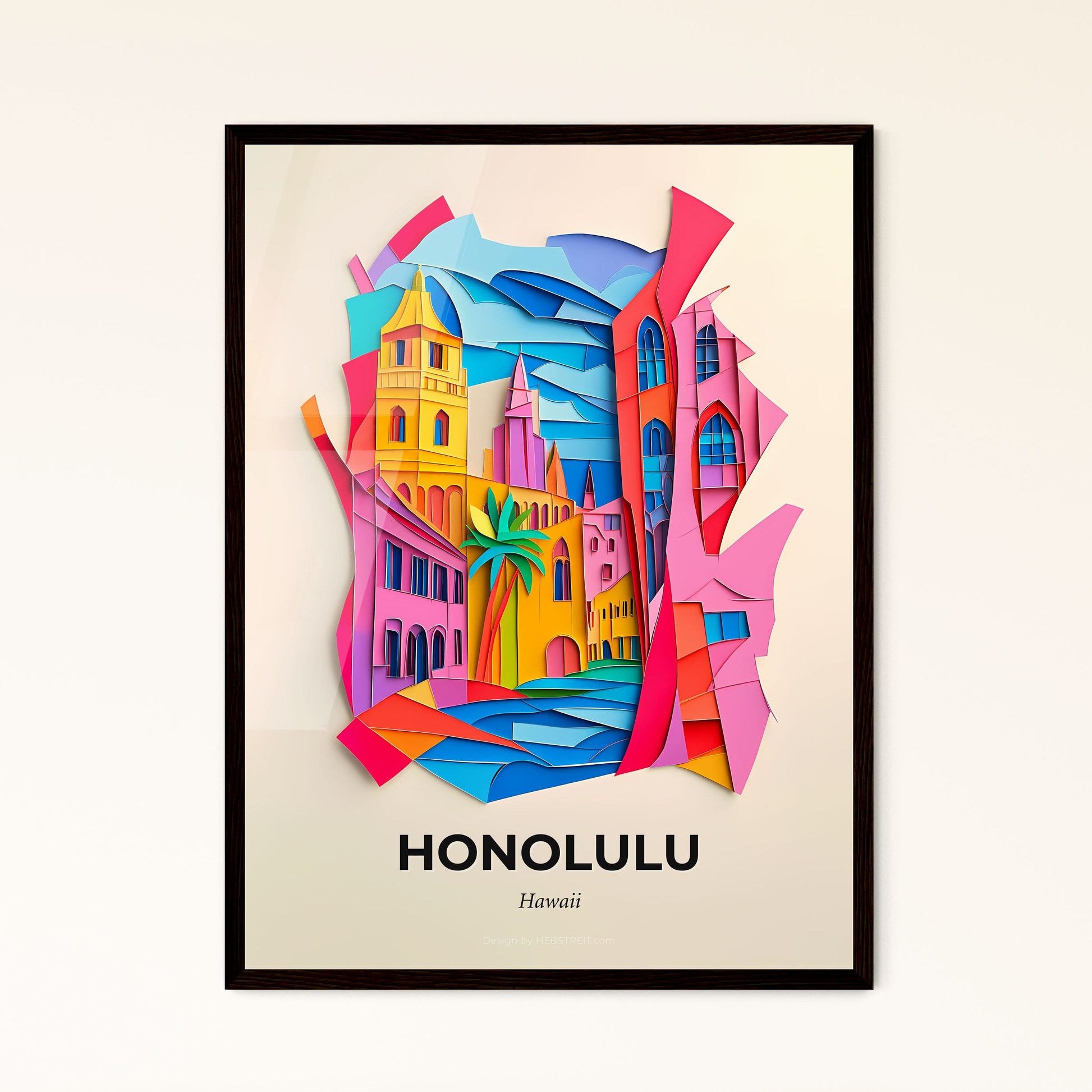 Vivid Honolulu, Hawaii - a colorful cityscape with a palm tree