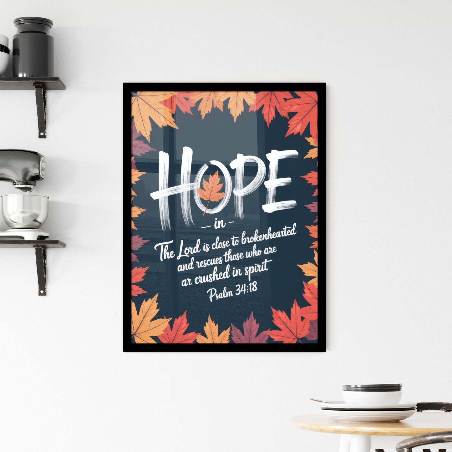 Hope and Comfort: A Spiritual Reflection Amid Autumn Leaves Inspired by Psalm 34:18. Framed Print