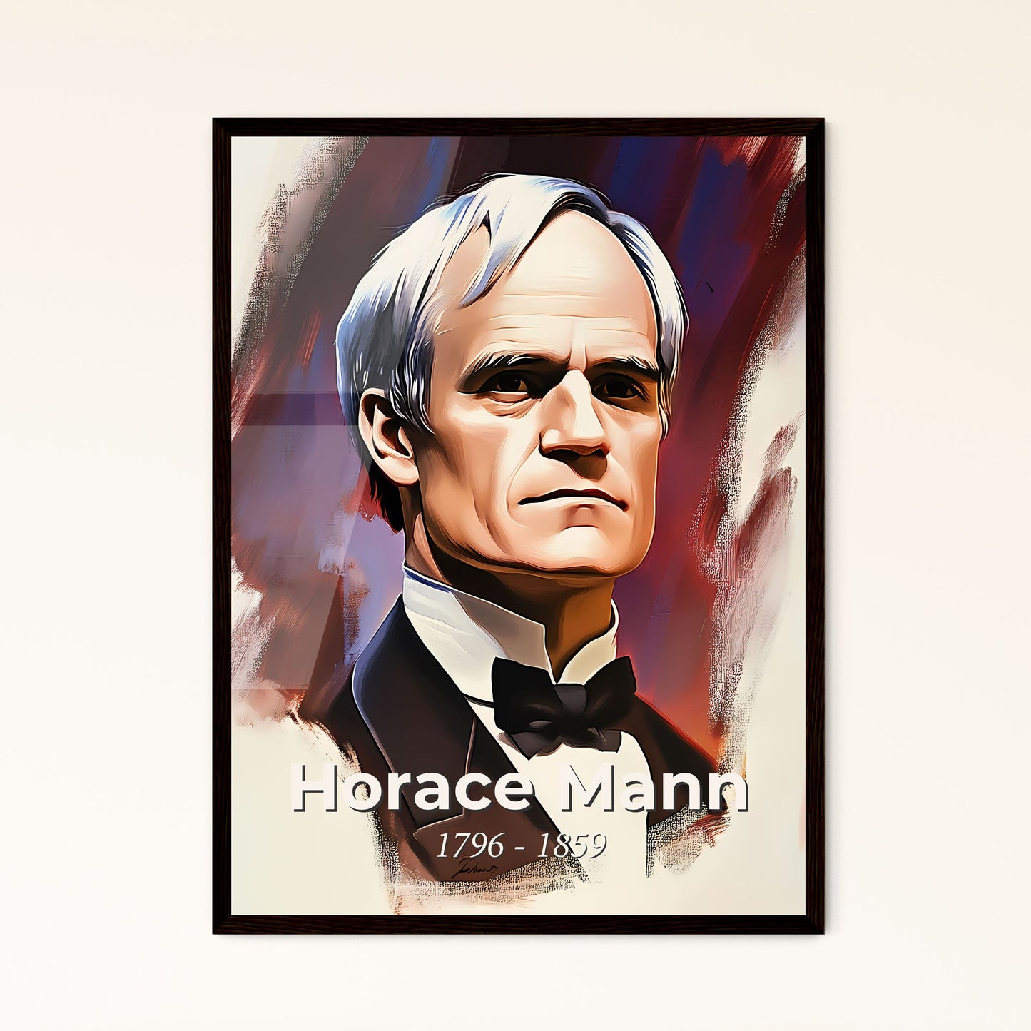 Portrait of Horace Mann, 1796 - 1859. Impressionistic painting of a man in a tuxedo.