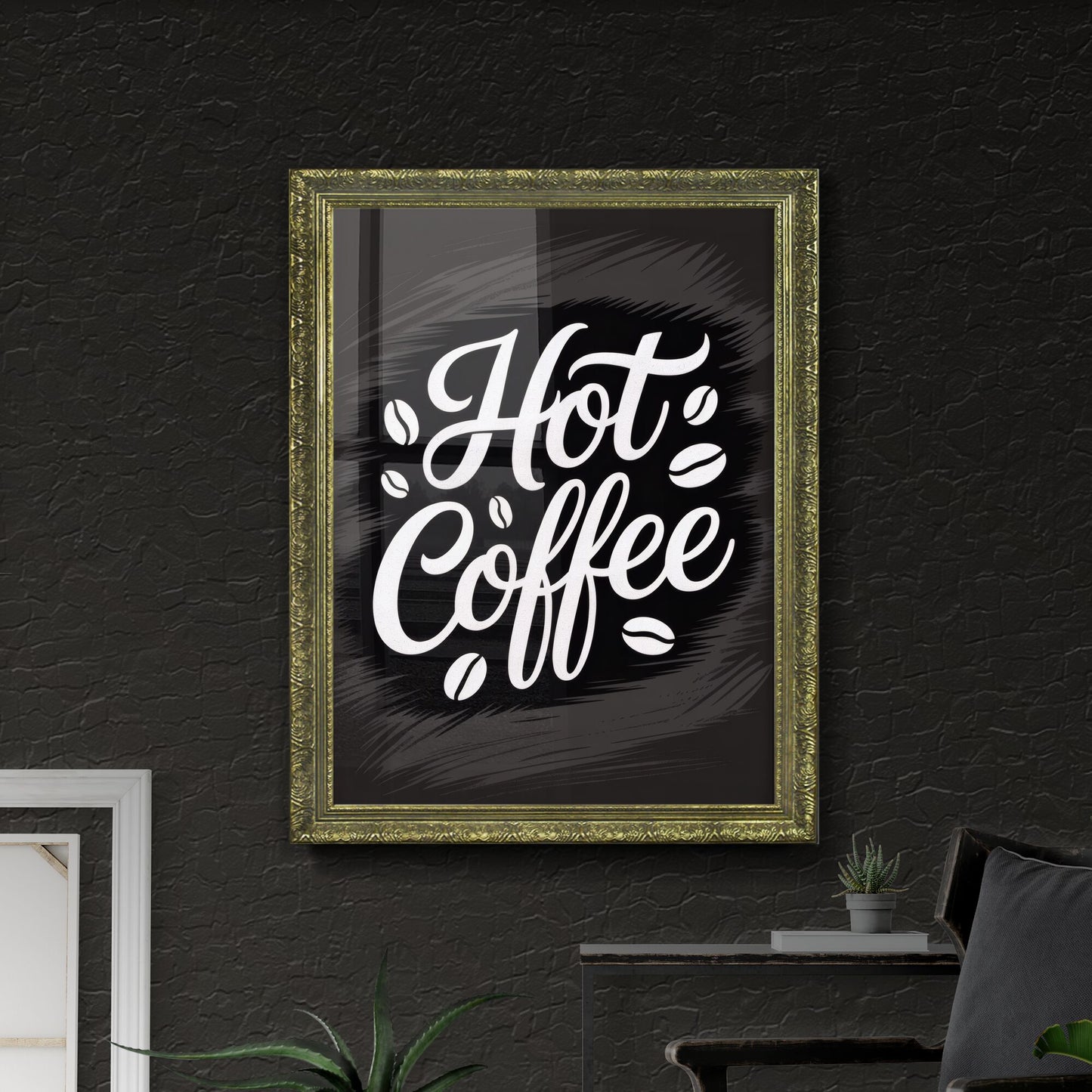Hot Coffee Typography with Coffee Beans on Dark Background for Café and Beverage Promotions.