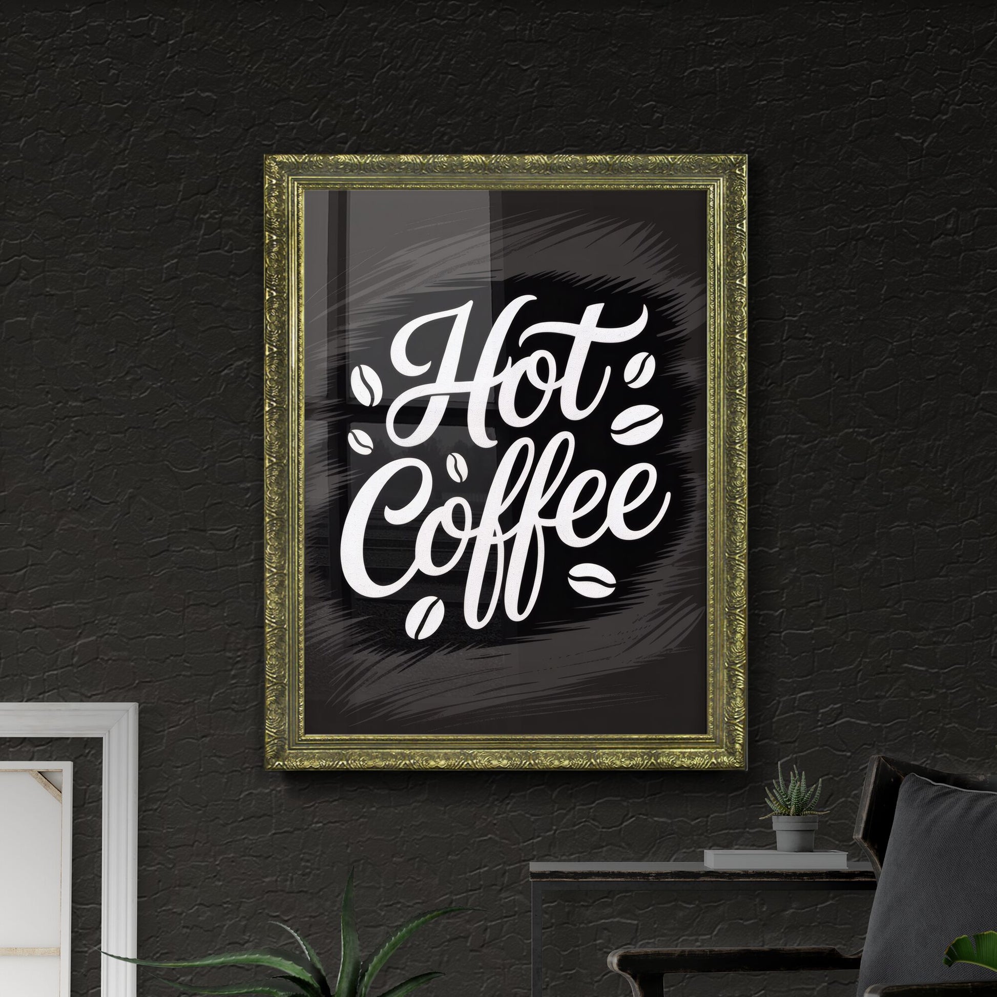 Hot Coffee Typography with Coffee Beans on Dark Background for Café and Beverage Promotions.