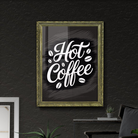 Hot Coffee Typography with Coffee Beans on Dark Background for Café and Beverage Promotions.