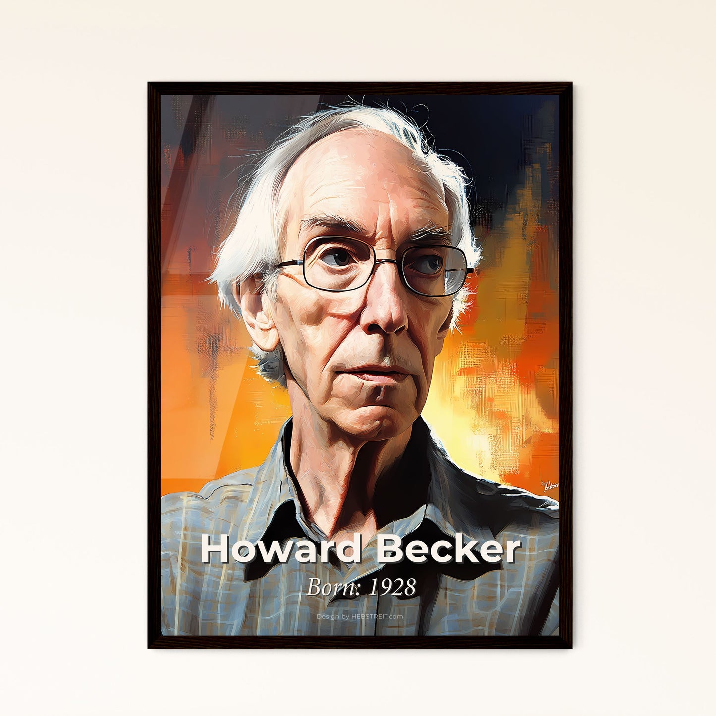 Portrait of Howard Becker, Born: 1928. Impressionistic painting of a man with glasses and a plaid shirt.