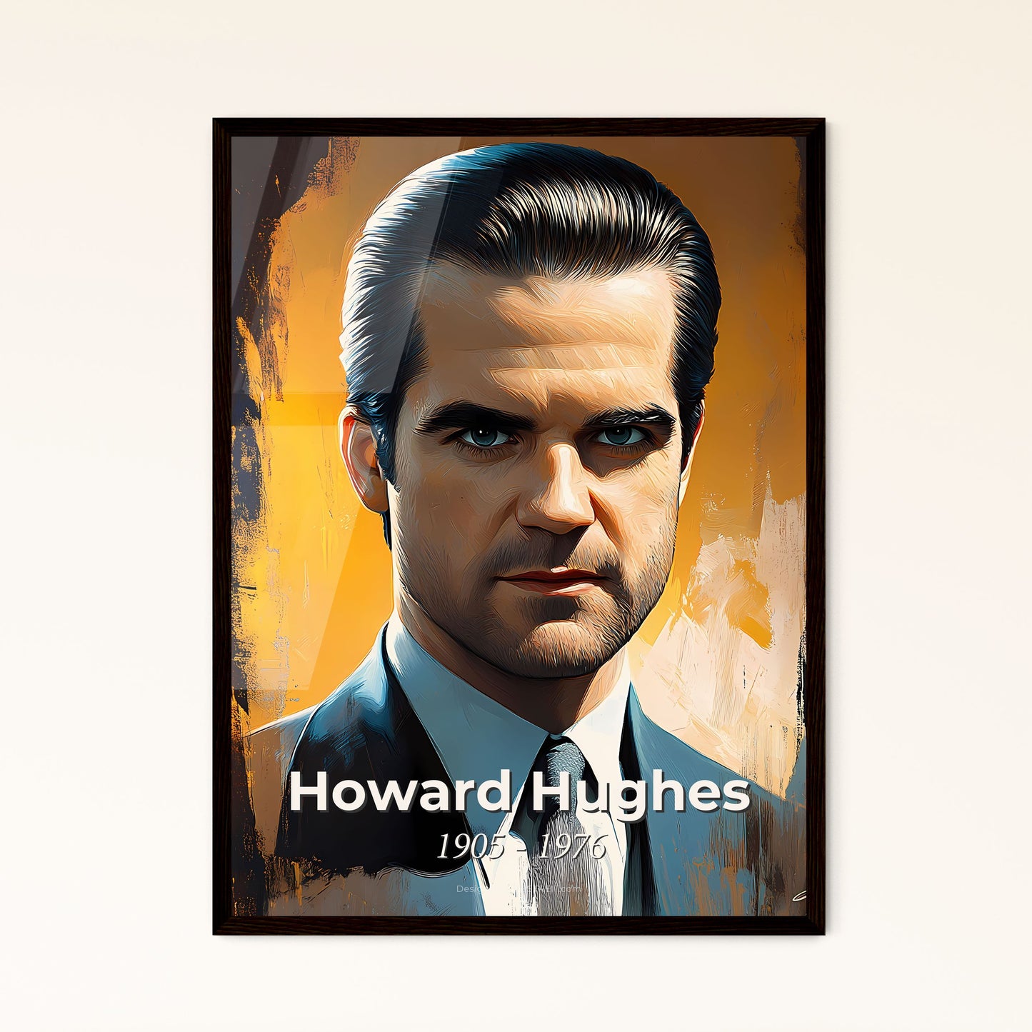 Portrait of Howard Hughes, 1905 - 1976. Impressionistic painting of a man in a suit.