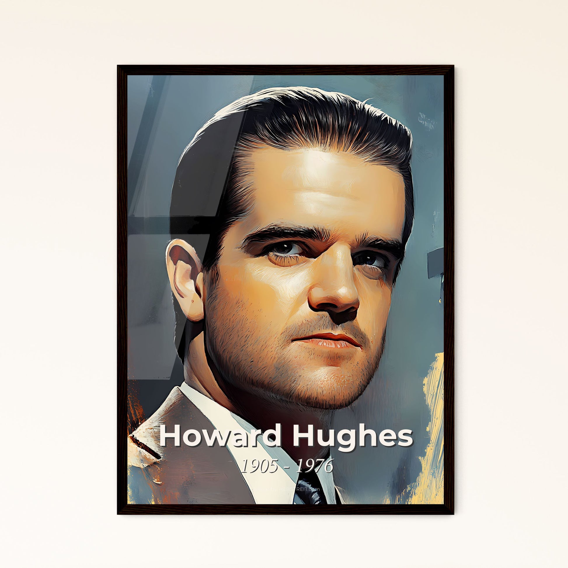 Portrait of Howard Hughes, 1905 - 1976. Impressionistic painting of a man in a suit and tie.