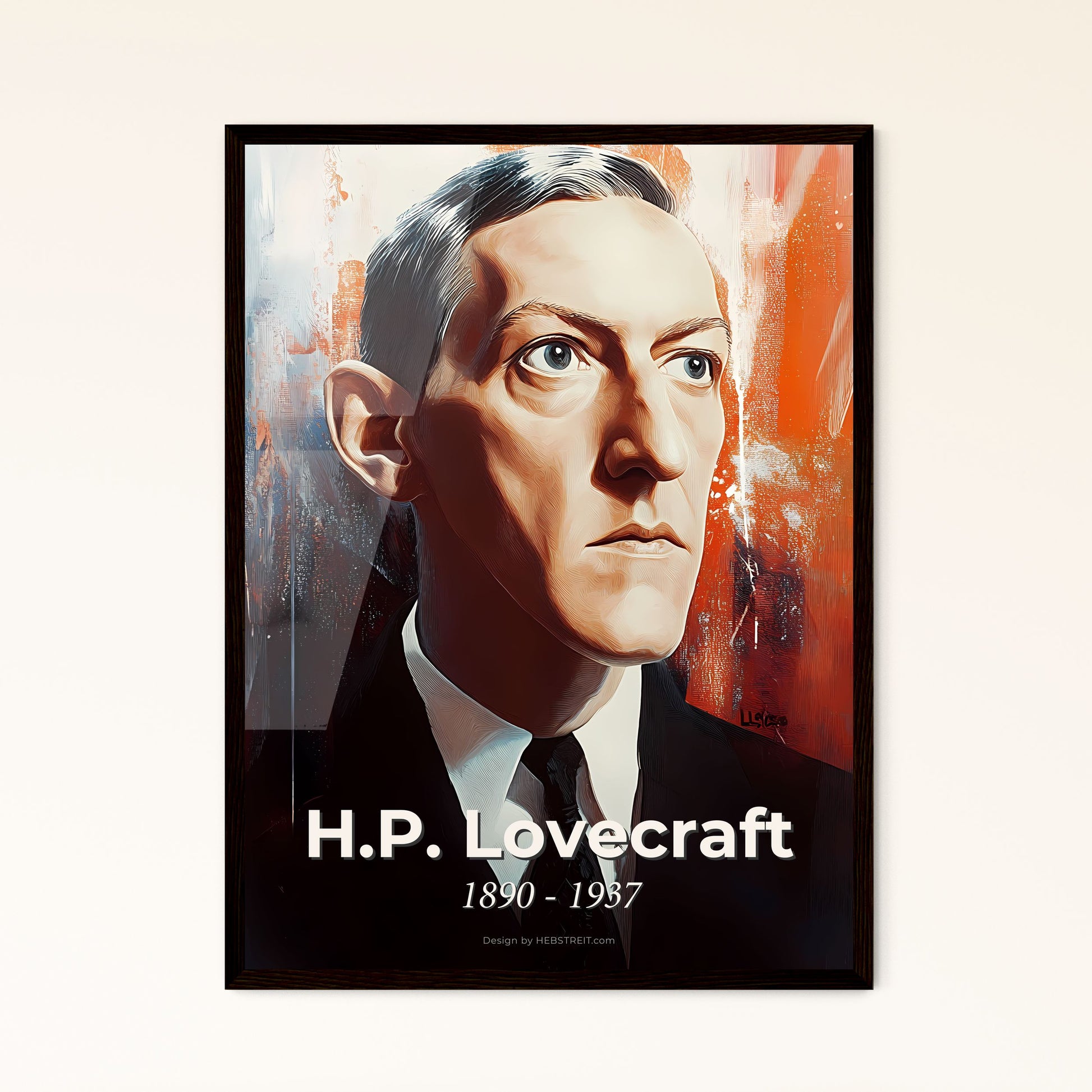 Portrait of H.P. Lovecraft, 1890 - 1937. Impressionistic painting of a man in a suit and tie.