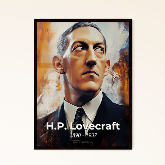 Portrait of H.P. Lovecraft, 1890 - 1937. Impressionistic painting of a man in a suit looking up.