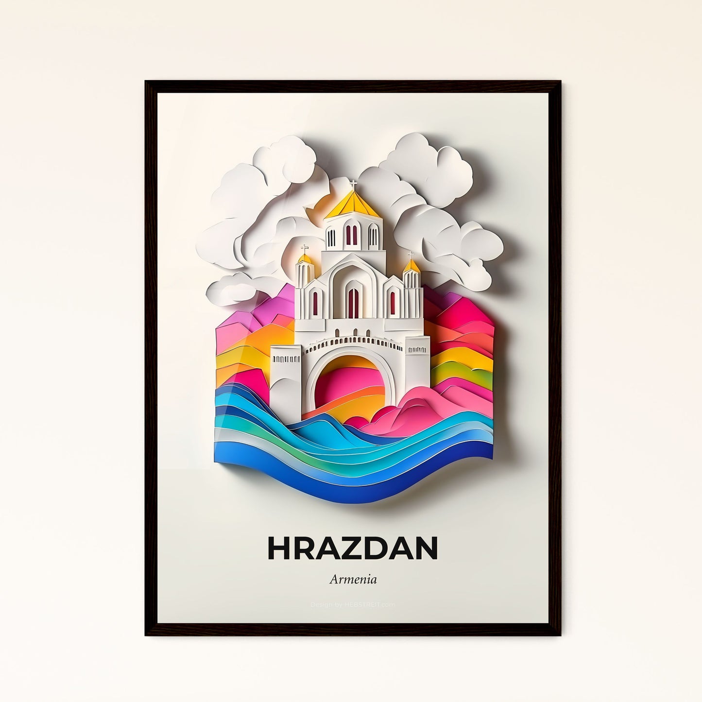 Vivid Hrazdan, Armenia - a paper cut of a church on a hill