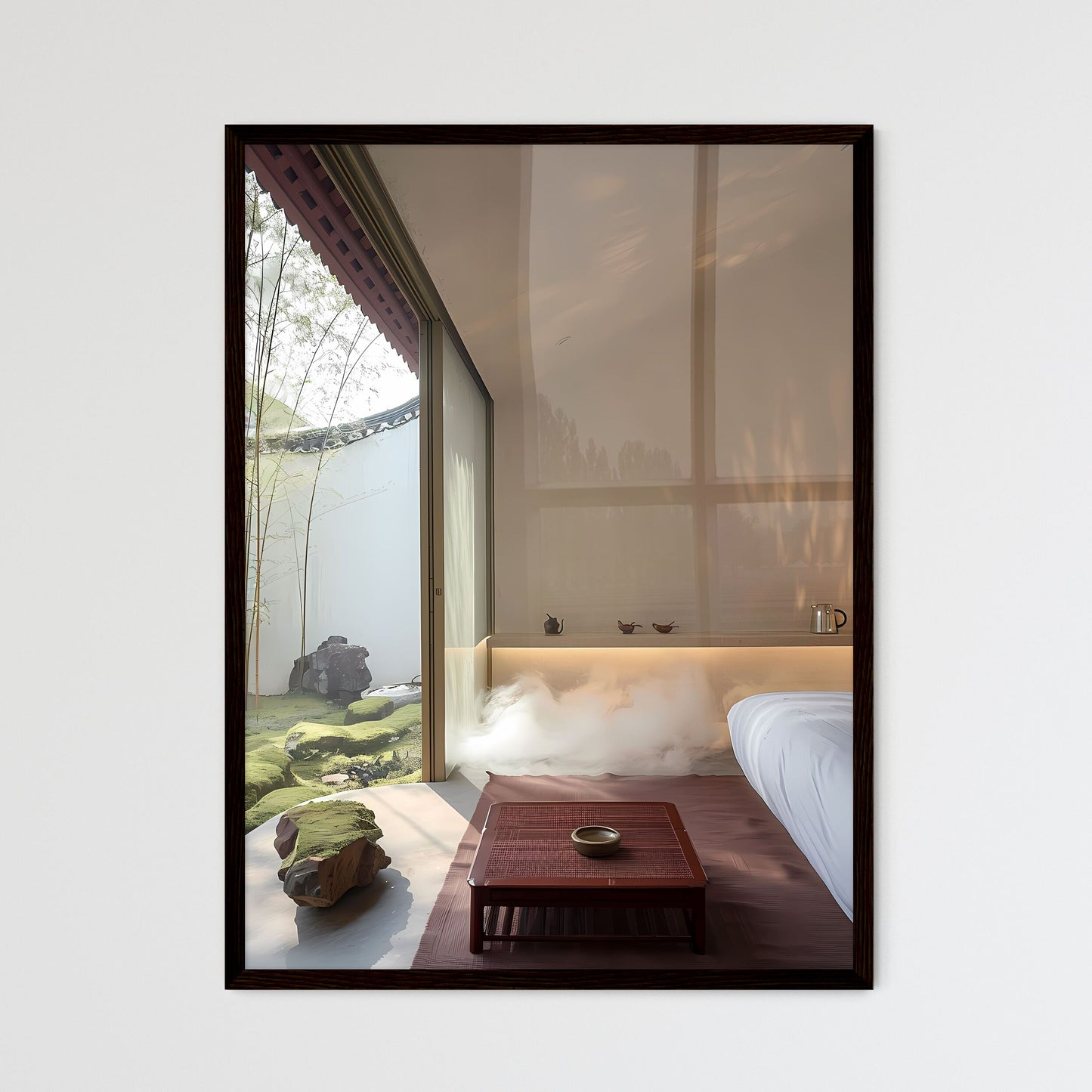 Modern art in a minimalist hotel room, white walls, bed and table, green grass view, tree and stone details, sunlight through bamboo, simple, painting Default Title