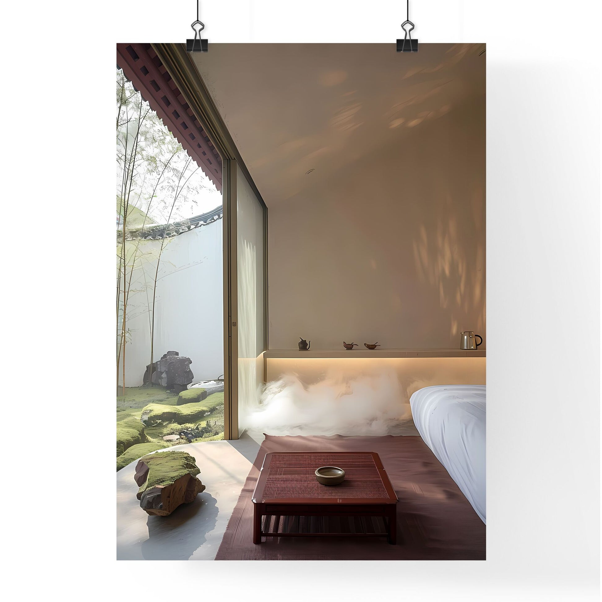 Modern art in a minimalist hotel room, white walls, bed and table, green grass view, tree and stone details, sunlight through bamboo, simple, painting Default Title